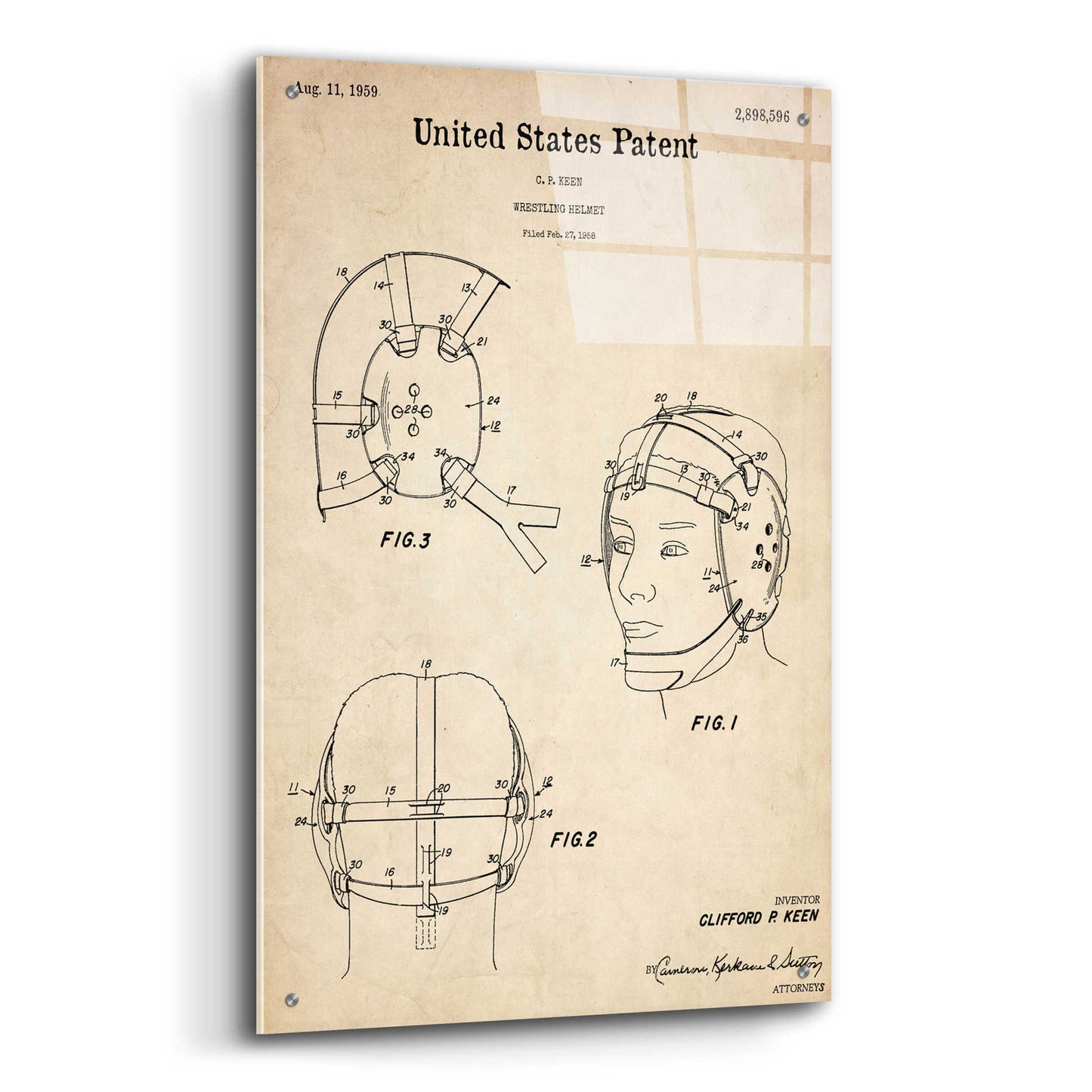 Epic Art 'Wrestling Headgear Blueprint Patent Parchment,' Acrylic Glass Wall Art,24x36