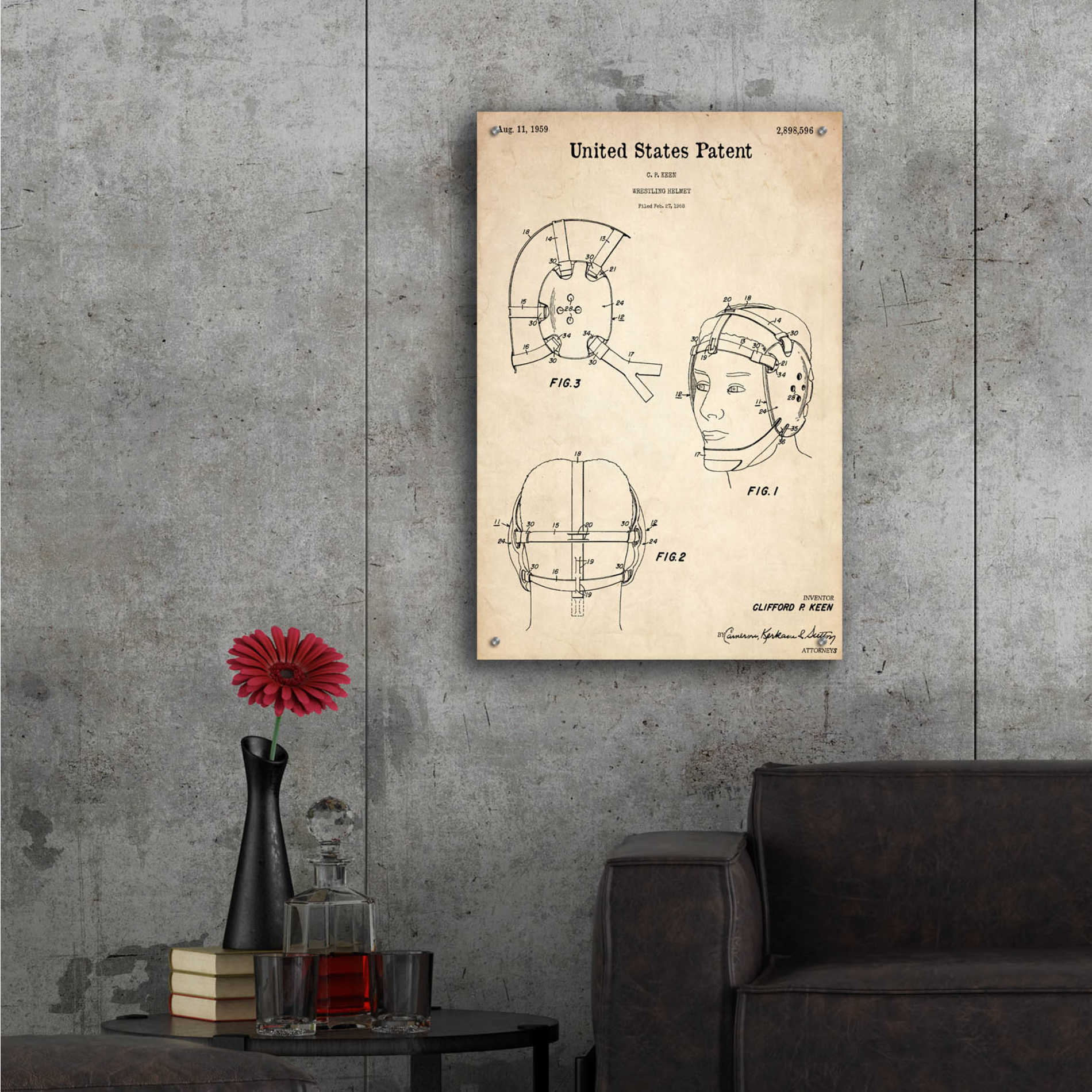 Epic Art 'Wrestling Headgear Blueprint Patent Parchment,' Acrylic Glass Wall Art,24x36