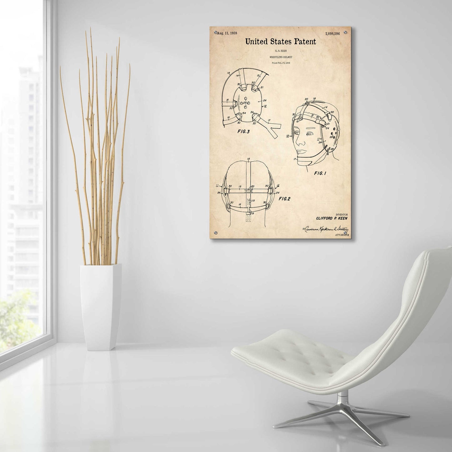 Epic Art 'Wrestling Headgear Blueprint Patent Parchment,' Acrylic Glass Wall Art,24x36