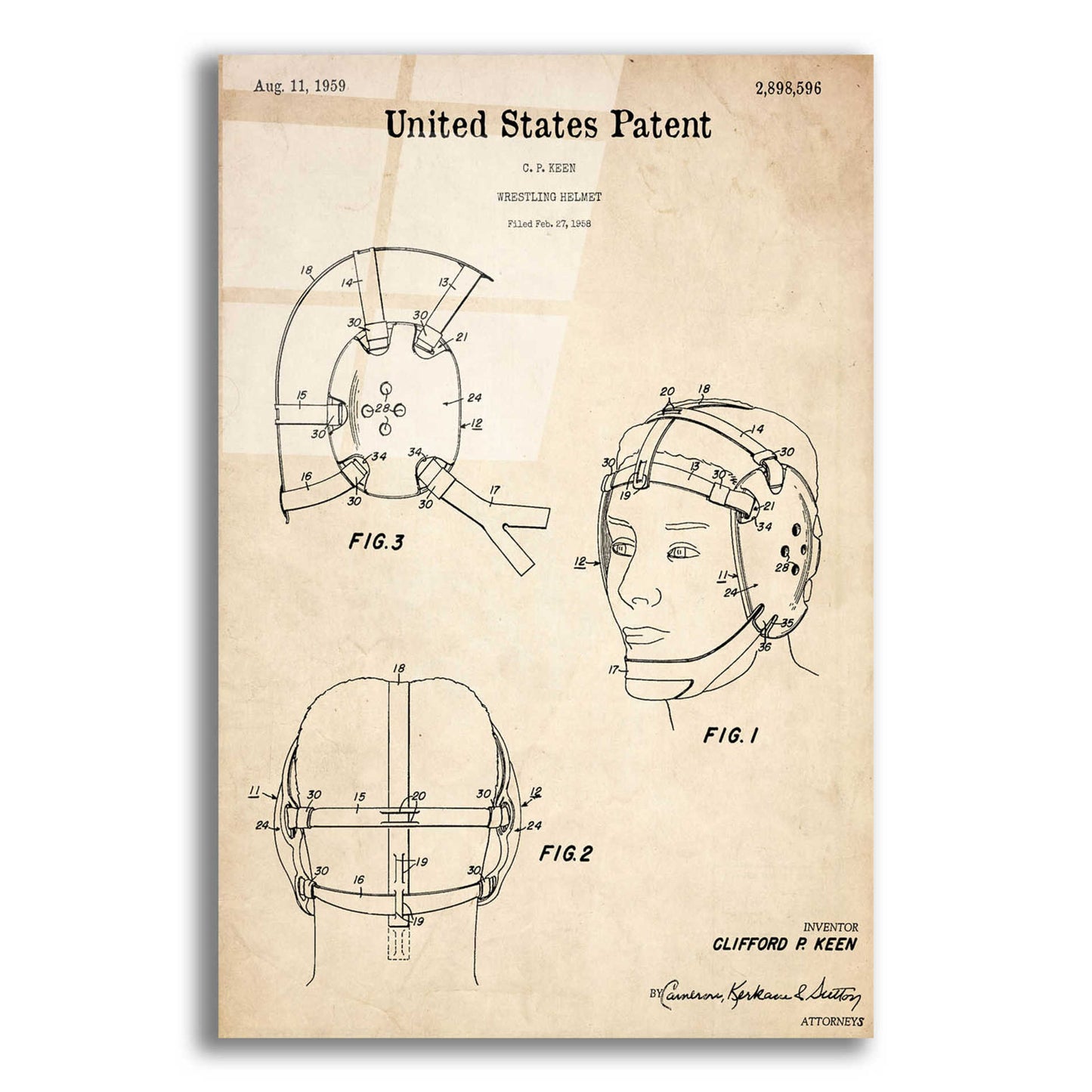 Epic Art 'Wrestling Headgear Blueprint Patent Parchment,' Acrylic Glass Wall Art,12x16x1.1x0,18x26x1.1x0,26x34x1.74x0,40x54x1.74x0