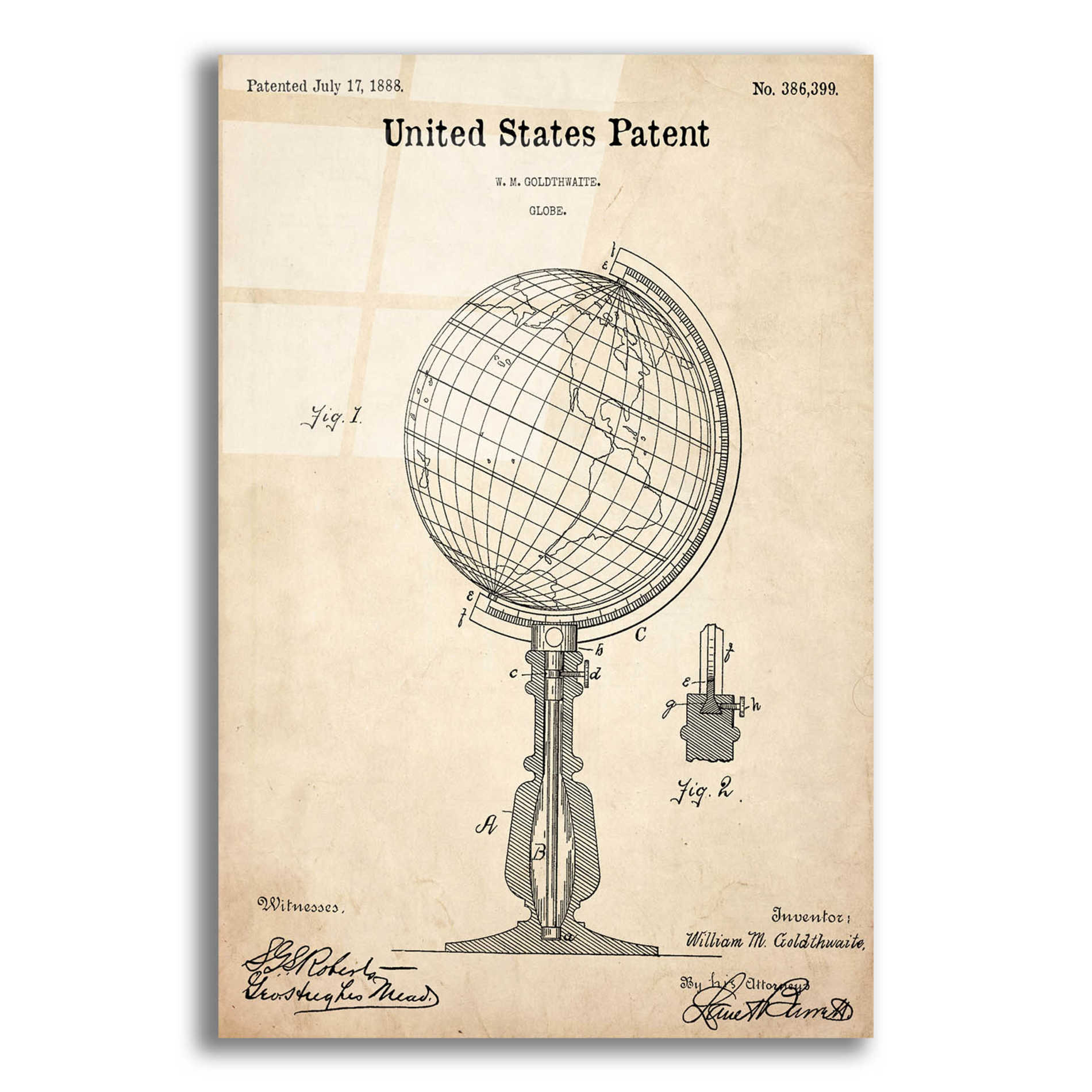 Epic Art 'globe Blueprint Patent Parchment,' Acrylic Glass Wall Art,12x16