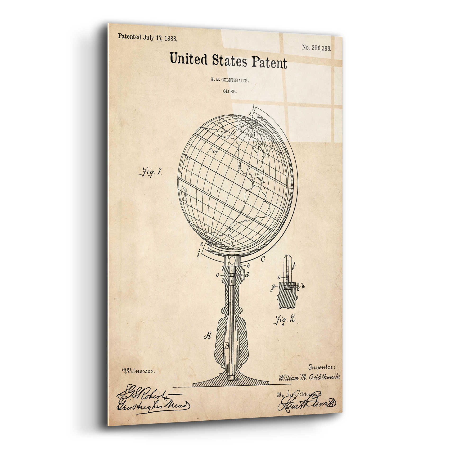 Epic Art 'globe Blueprint Patent Parchment,' Acrylic Glass Wall Art,16x24