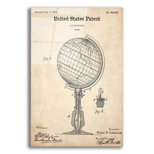 Epic Art 'globe Blueprint Patent Parchment,' Acrylic Glass Wall Art,12x16x1.1x0,18x26x1.1x0,26x34x1.74x0,40x54x1.74x0