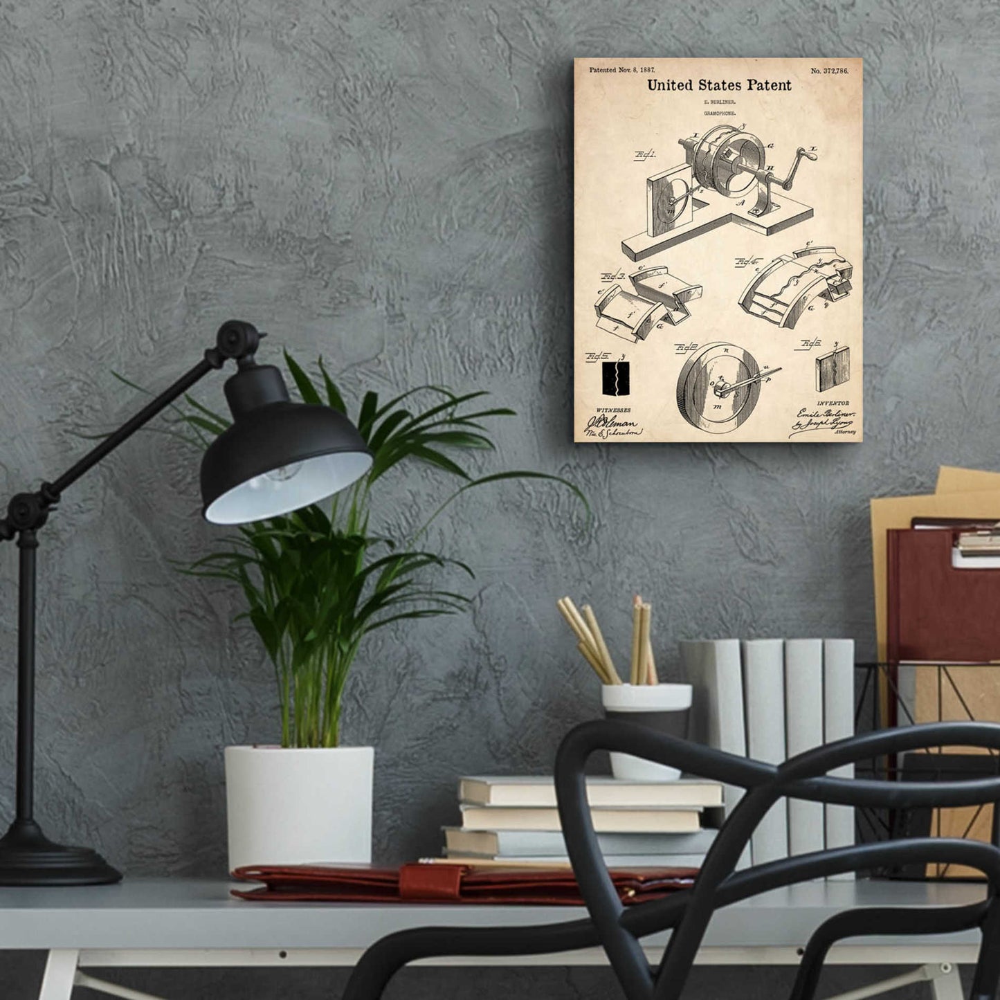 Epic Art 'Gramophone, 1887 Blueprint Patent Parchment,' Acrylic Glass Wall Art,12x16