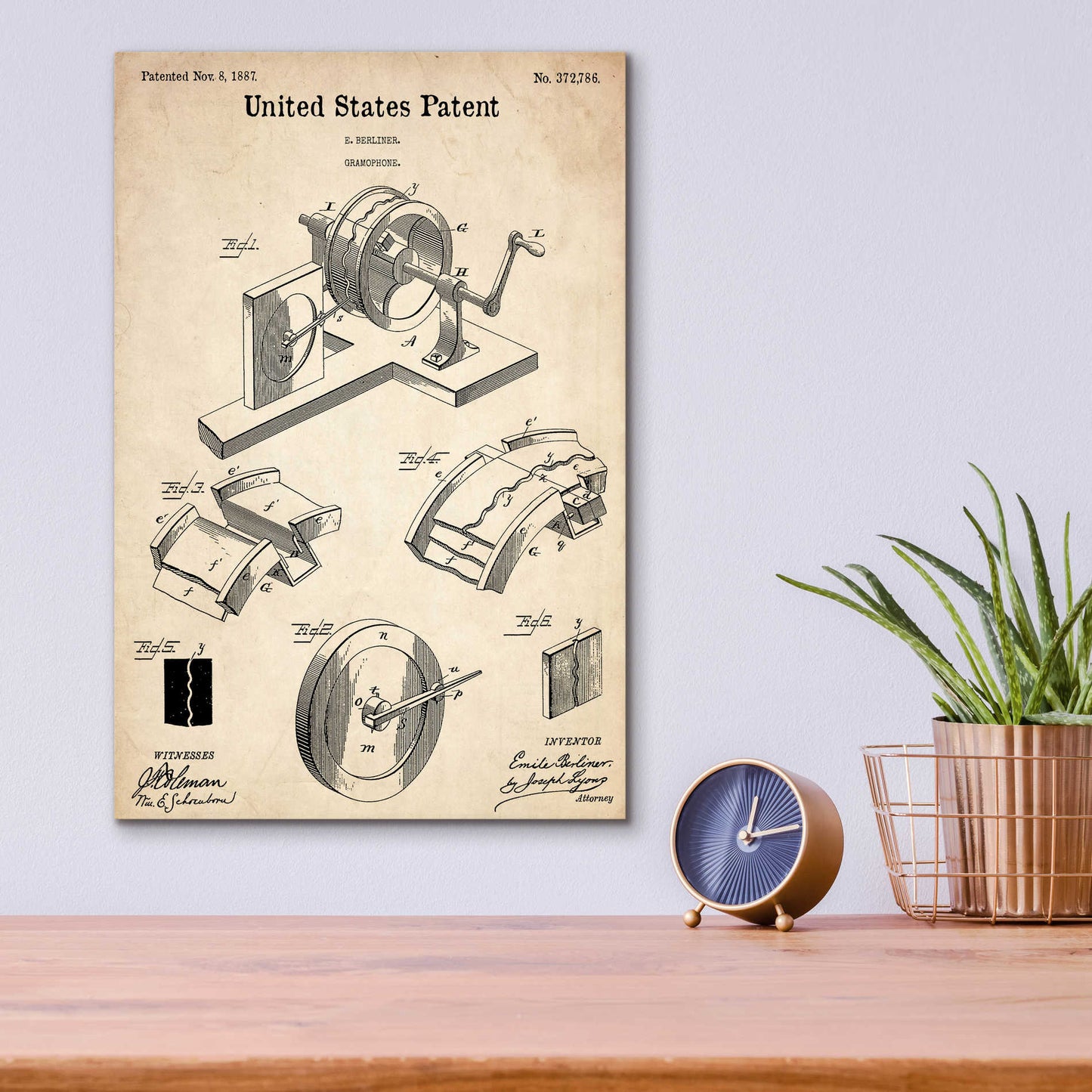 Epic Art 'Gramophone, 1887 Blueprint Patent Parchment,' Acrylic Glass Wall Art,12x16