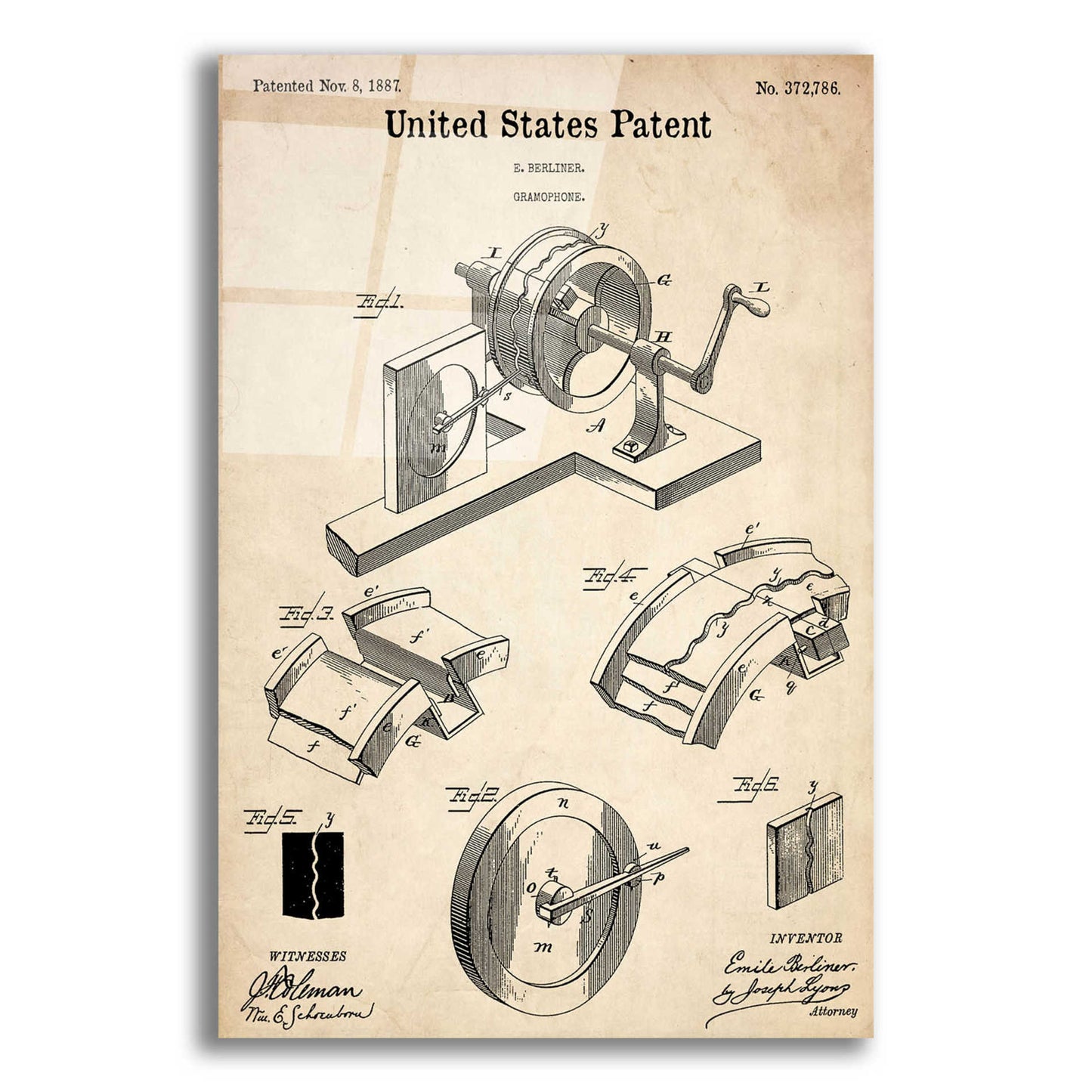 Epic Art 'Gramophone, 1887 Blueprint Patent Parchment,' Acrylic Glass Wall Art,12x16