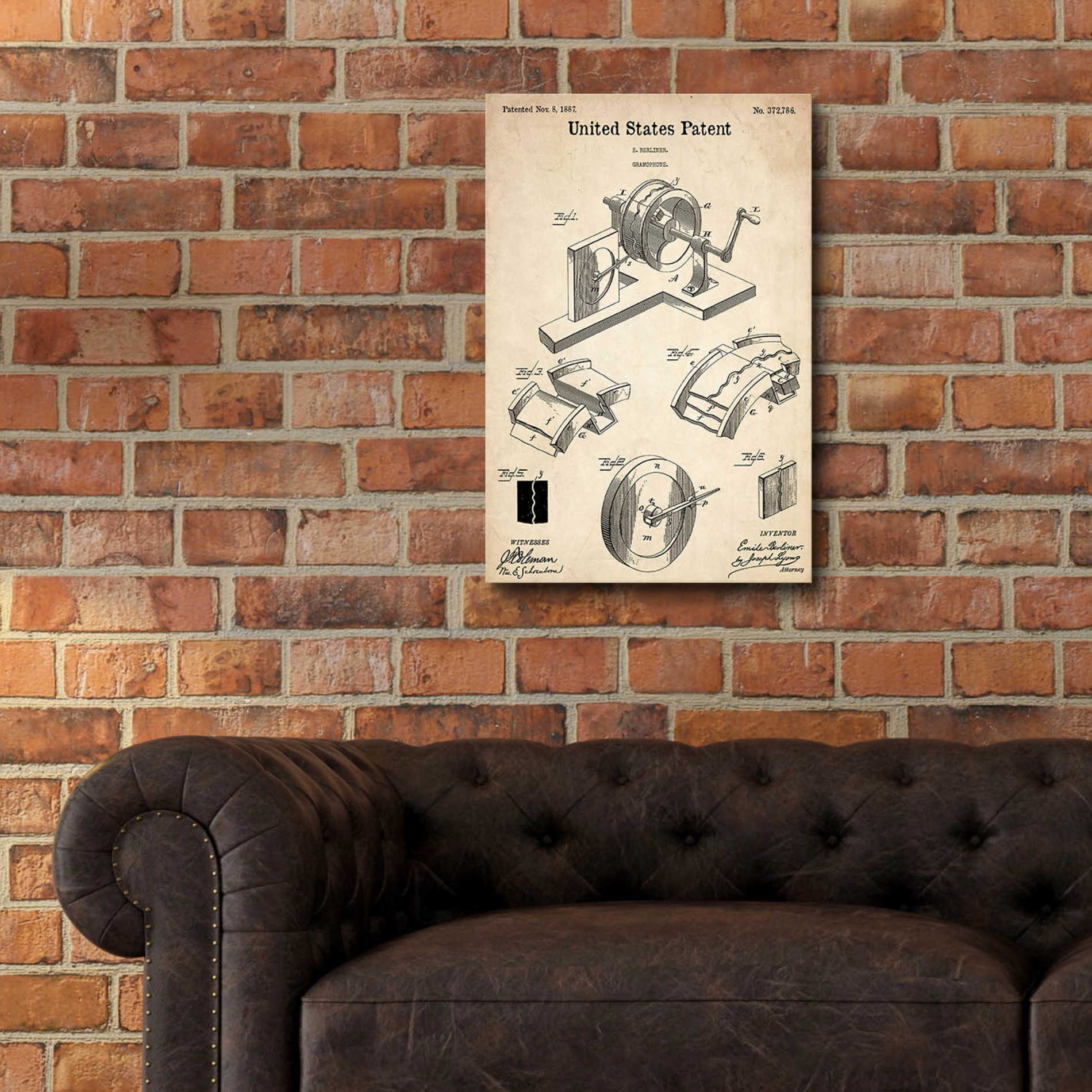 Epic Art 'Gramophone, 1887 Blueprint Patent Parchment,' Acrylic Glass Wall Art,16x24