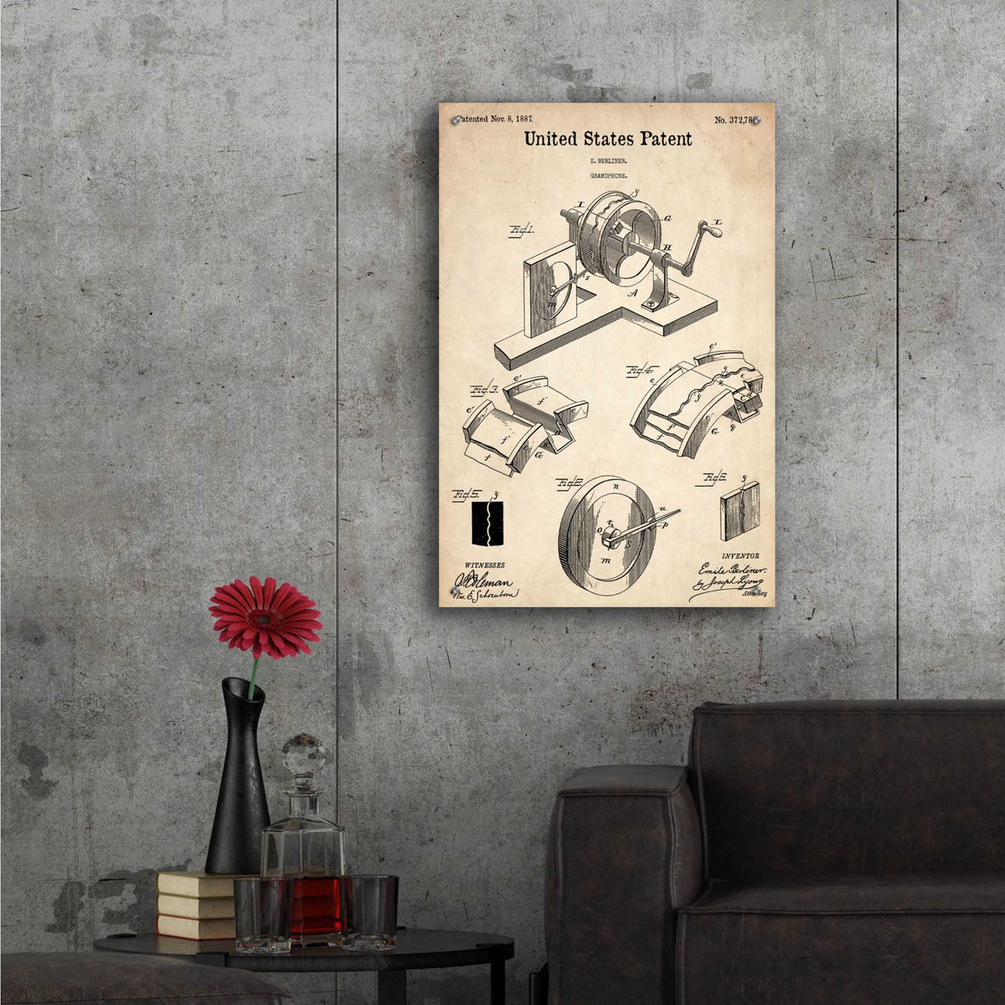 Epic Art 'Gramophone, 1887 Blueprint Patent Parchment,' Acrylic Glass Wall Art,24x36