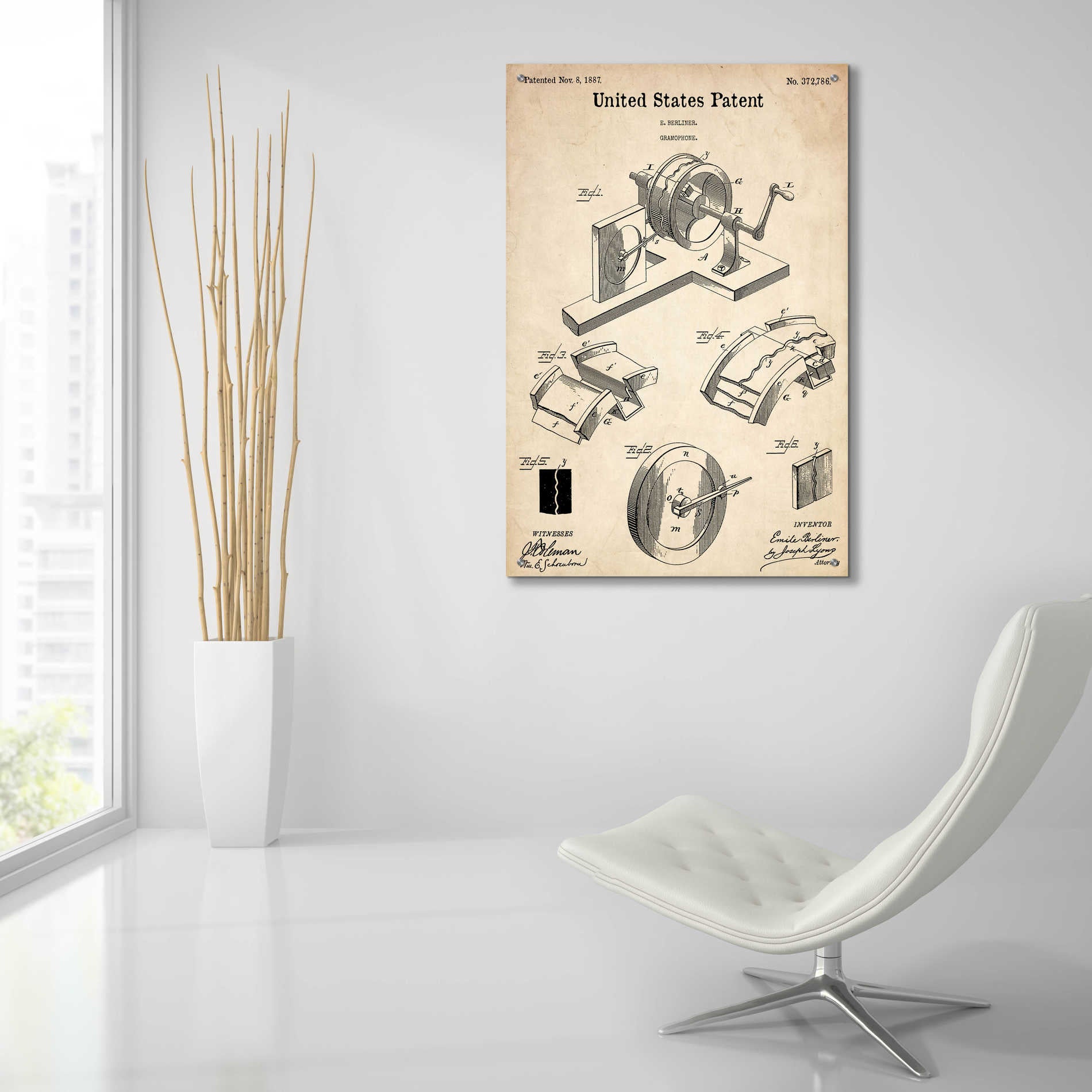 Epic Art 'Gramophone, 1887 Blueprint Patent Parchment,' Acrylic Glass Wall Art,24x36