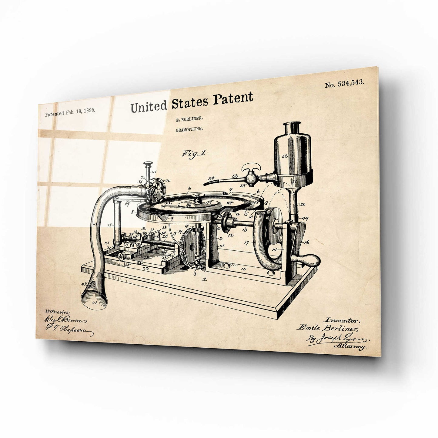 Epic Art 'Gramophone, 1895 Blueprint Patent Parchment,' Acrylic Glass Wall Art,16x12