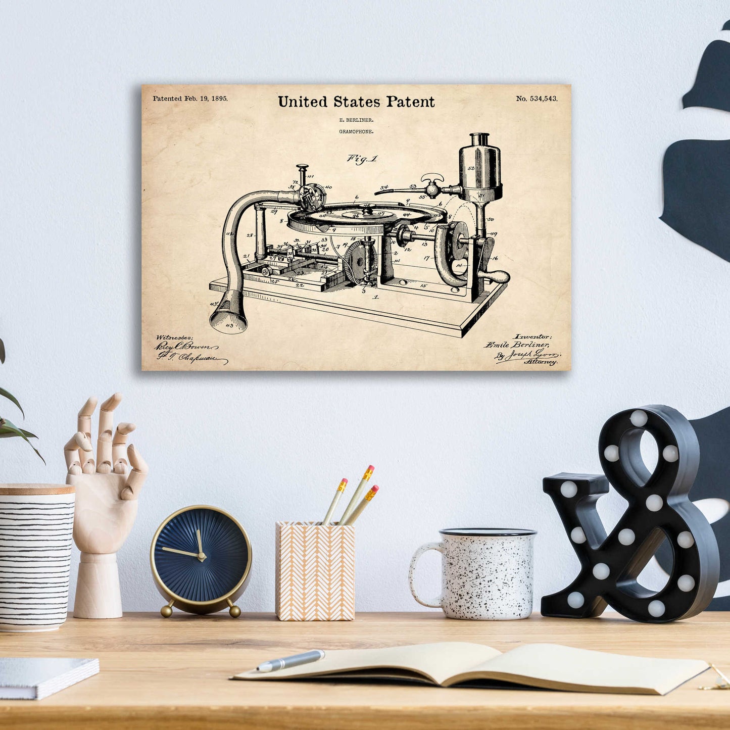 Epic Art 'Gramophone, 1895 Blueprint Patent Parchment,' Acrylic Glass Wall Art,16x12