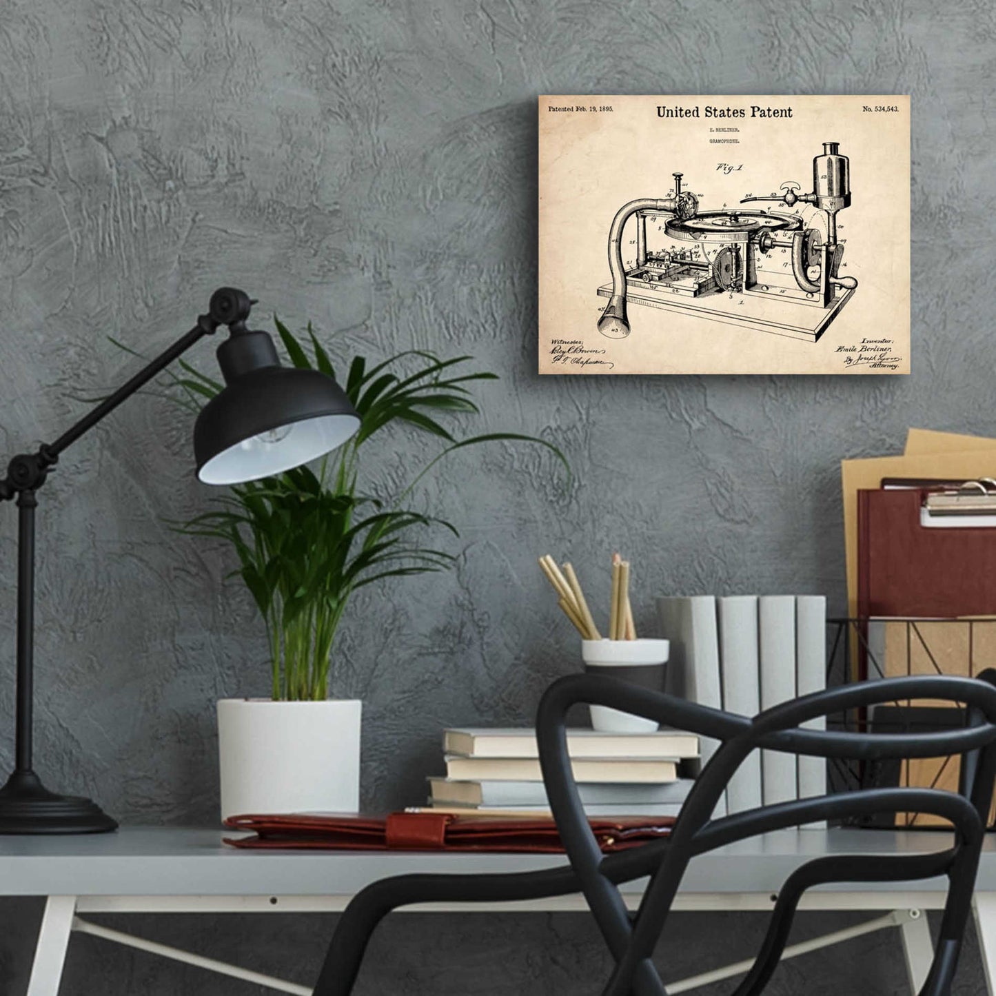 Epic Art 'Gramophone, 1895 Blueprint Patent Parchment,' Acrylic Glass Wall Art,16x12