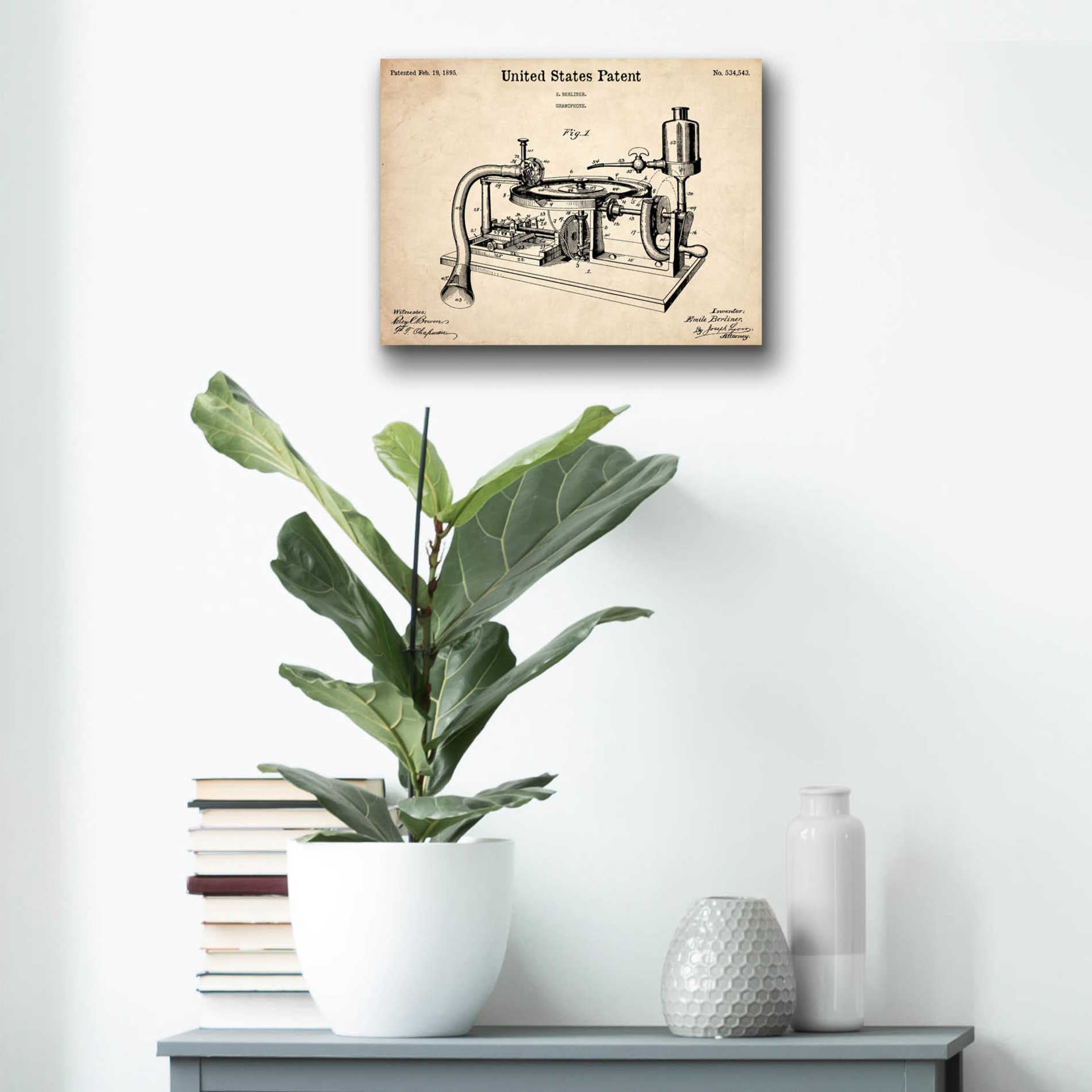 Epic Art 'Gramophone, 1895 Blueprint Patent Parchment,' Acrylic Glass Wall Art,16x12