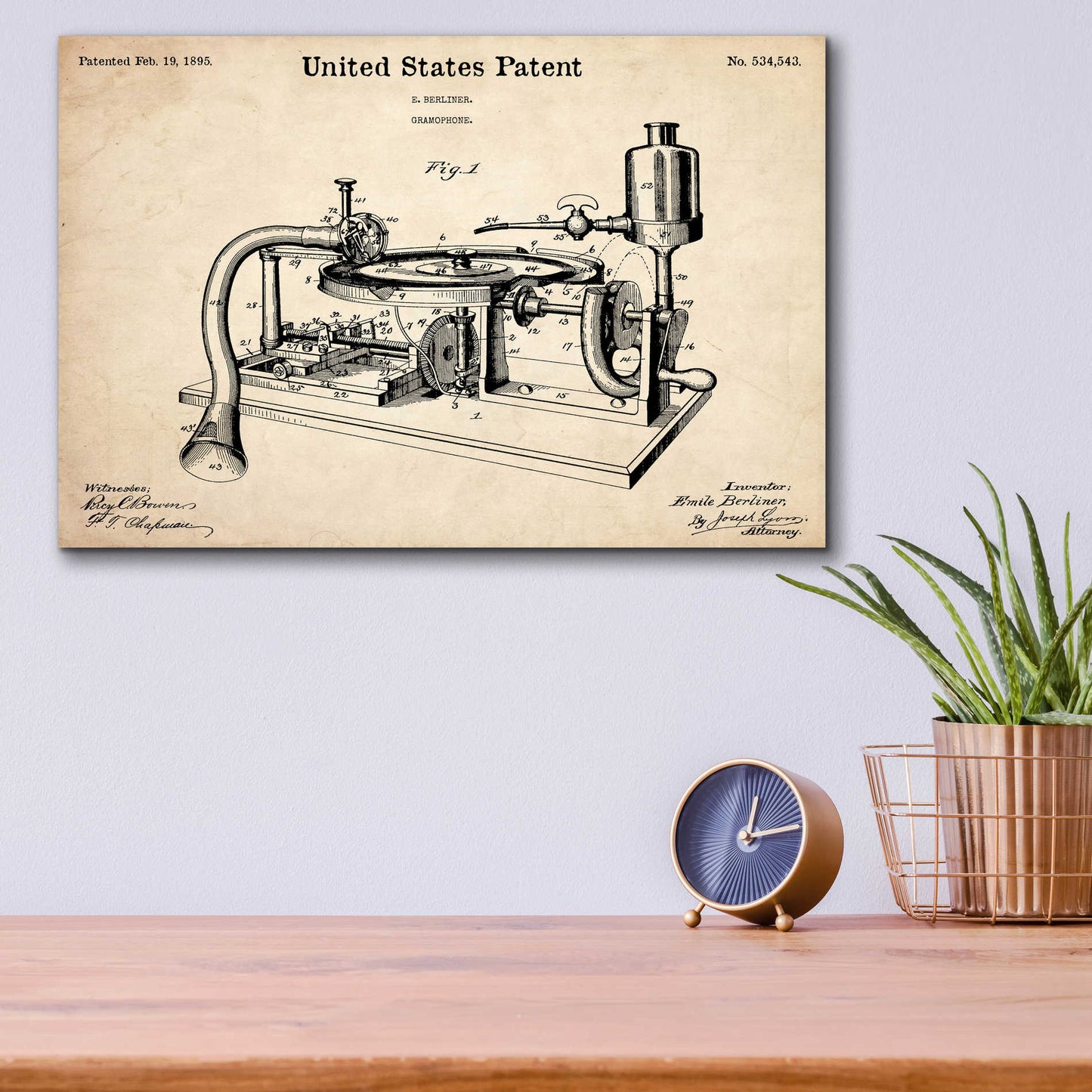 Epic Art 'Gramophone, 1895 Blueprint Patent Parchment,' Acrylic Glass Wall Art,16x12