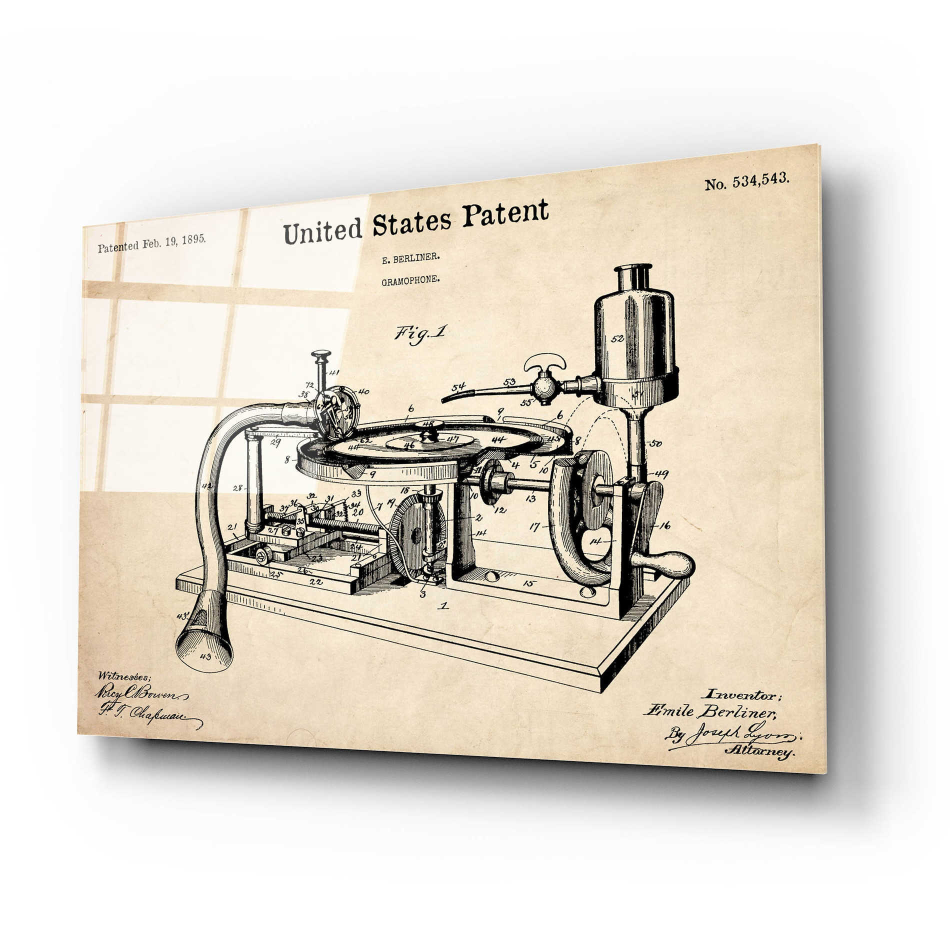 Epic Art 'Gramophone, 1895 Blueprint Patent Parchment,' Acrylic Glass Wall Art,24x16