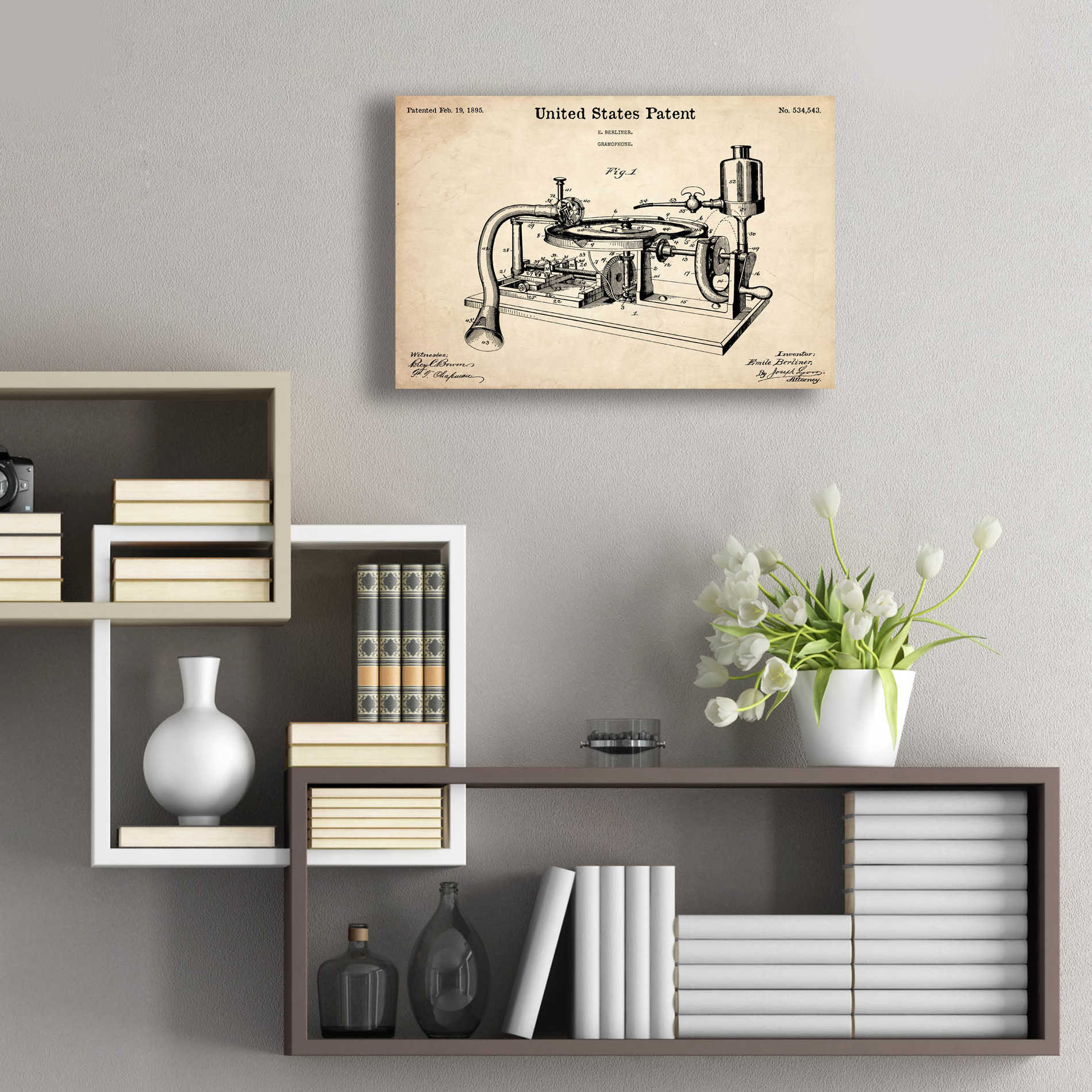 Epic Art 'Gramophone, 1895 Blueprint Patent Parchment,' Acrylic Glass Wall Art,24x16