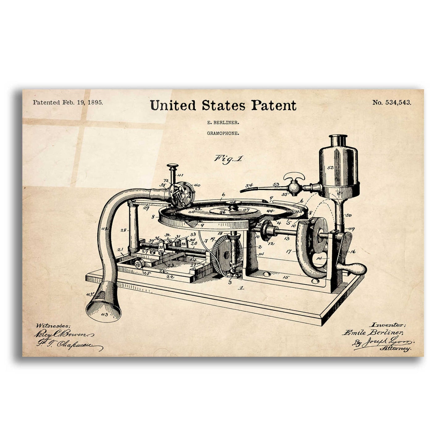 Epic Art 'Gramophone, 1895 Blueprint Patent Parchment,' Acrylic Glass Wall Art,24x16