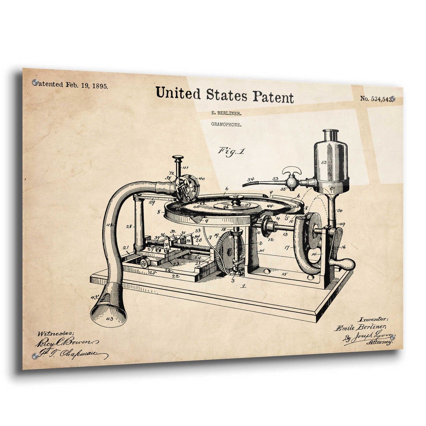 Epic Art 'Gramophone, 1895 Blueprint Patent Parchment,' Acrylic Glass Wall Art,36x24