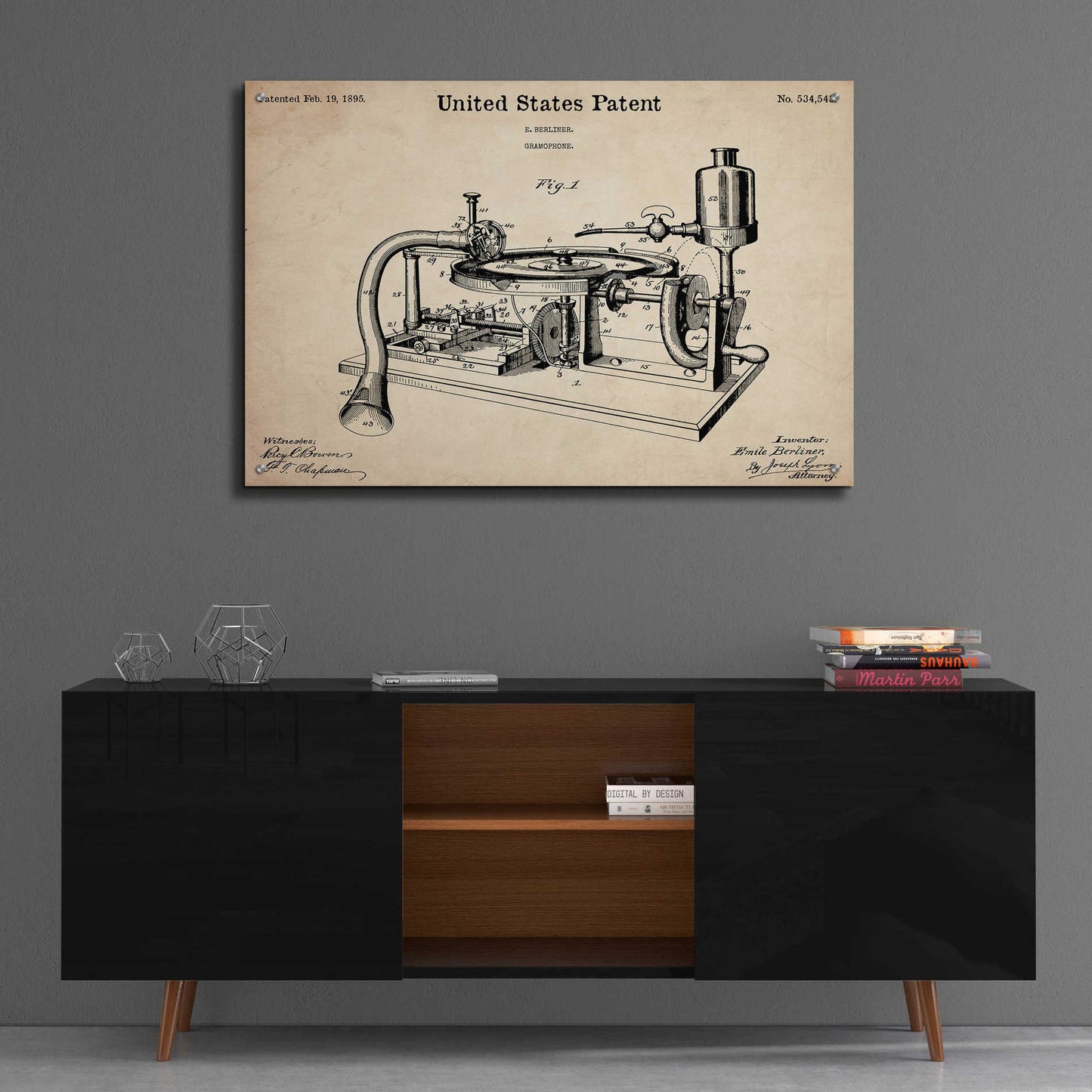 Epic Art 'Gramophone, 1895 Blueprint Patent Parchment,' Acrylic Glass Wall Art,36x24