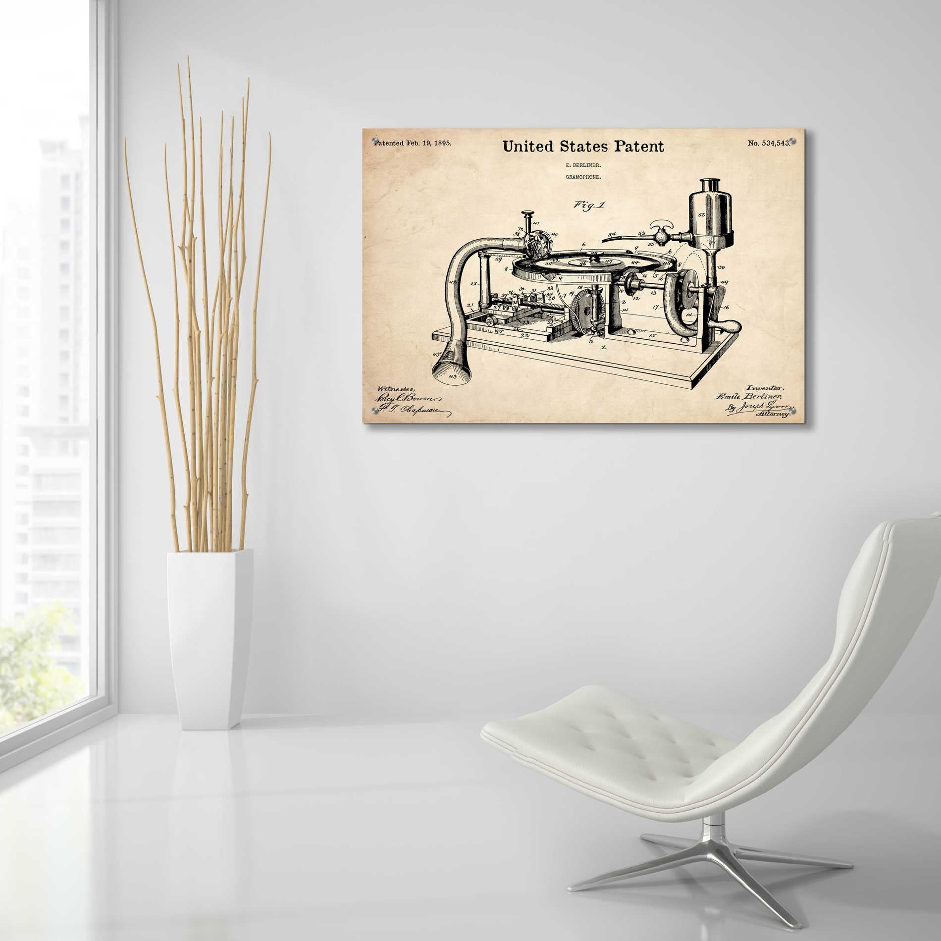 Epic Art 'Gramophone, 1895 Blueprint Patent Parchment,' Acrylic Glass Wall Art,36x24