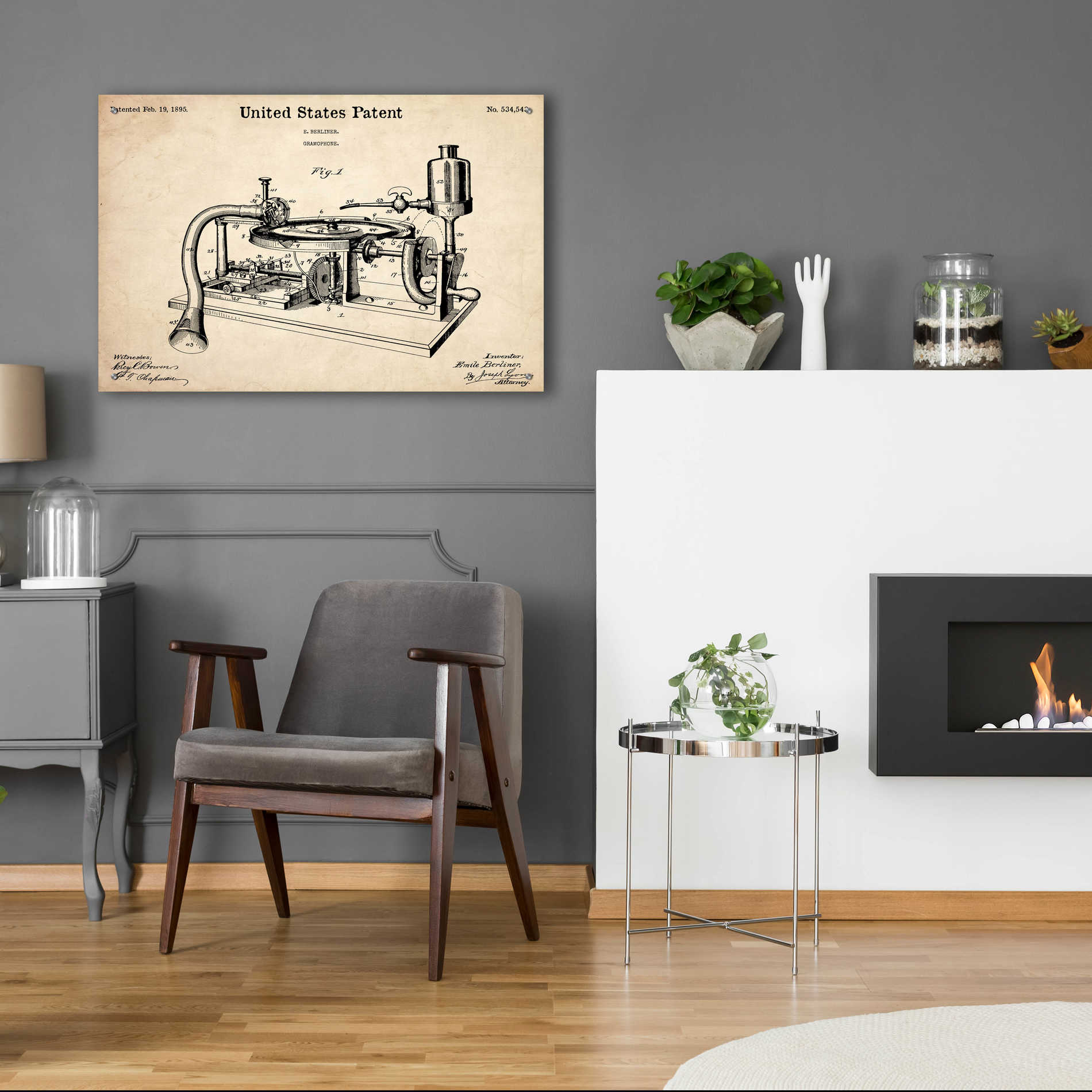 Epic Art 'Gramophone, 1895 Blueprint Patent Parchment,' Acrylic Glass Wall Art,36x24