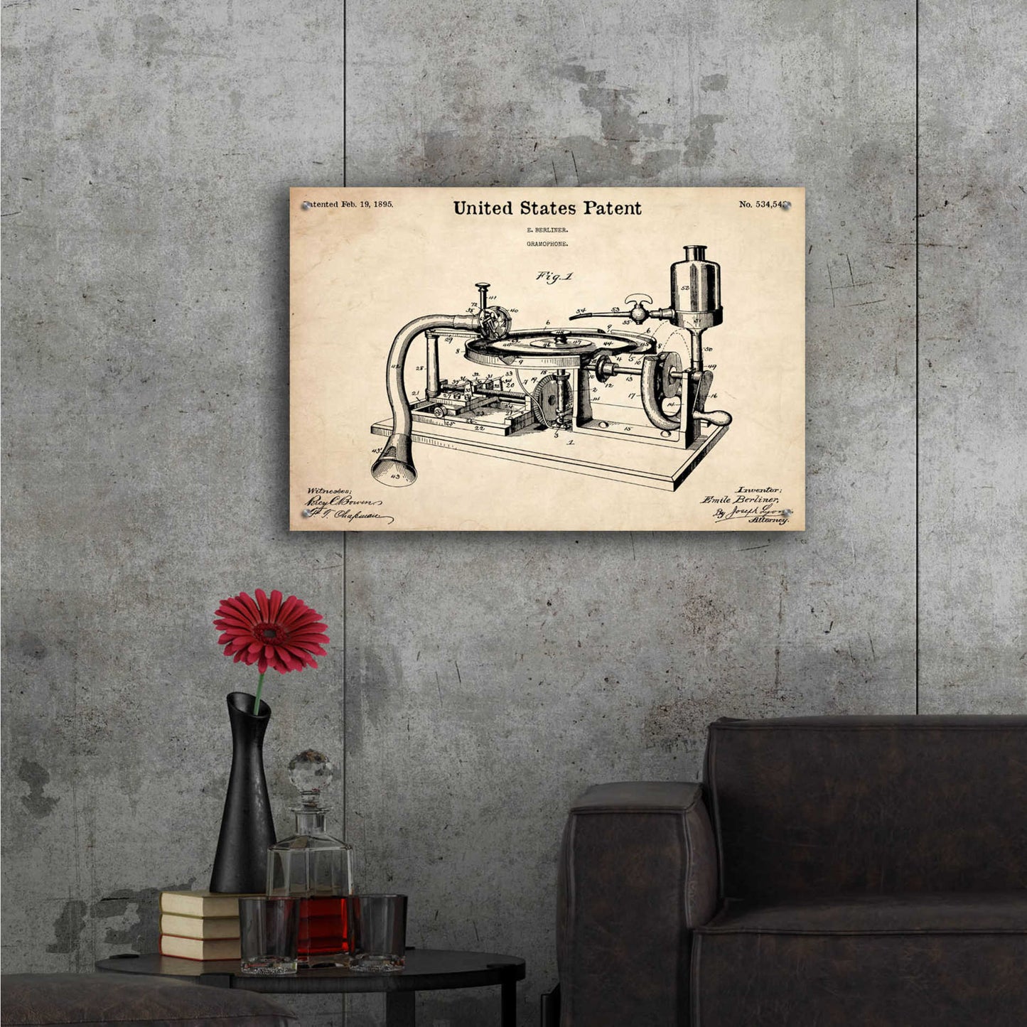 Epic Art 'Gramophone, 1895 Blueprint Patent Parchment,' Acrylic Glass Wall Art,36x24