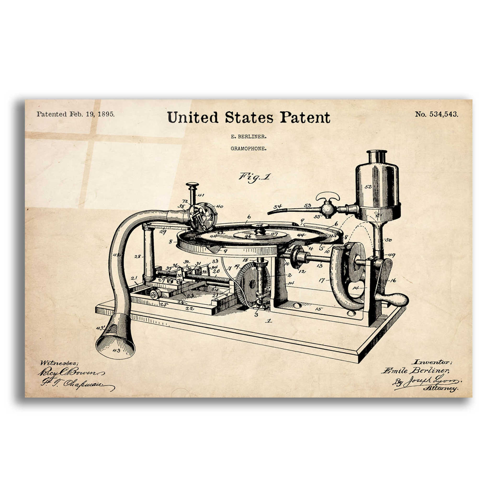 Epic Art 'Gramophone, 1895 Blueprint Patent Parchment,' Acrylic Glass Wall Art,16x12x1.1x0,26x18x1.1x0,34x26x1.74x0,54x40x1.74x0