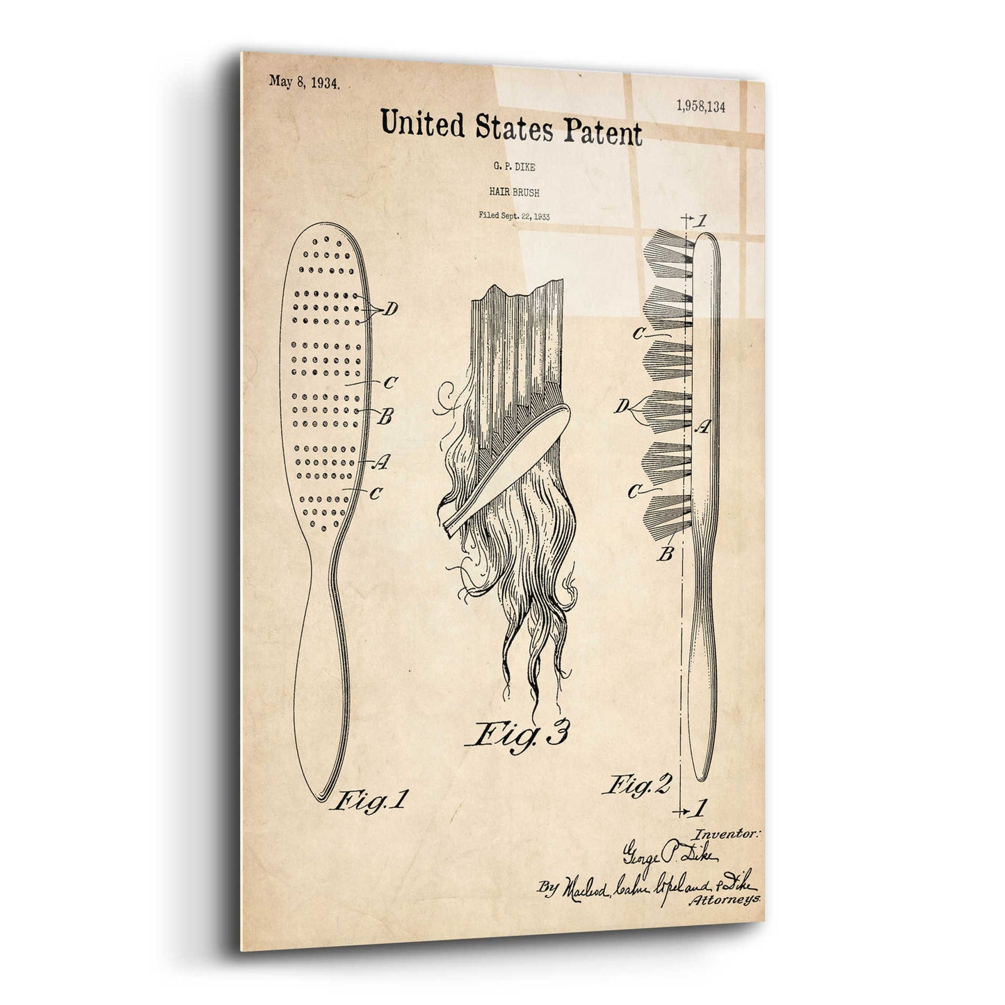 Epic Art 'Hair Brush Blueprint Patent Parchment,' Acrylic Glass Wall Art,12x16