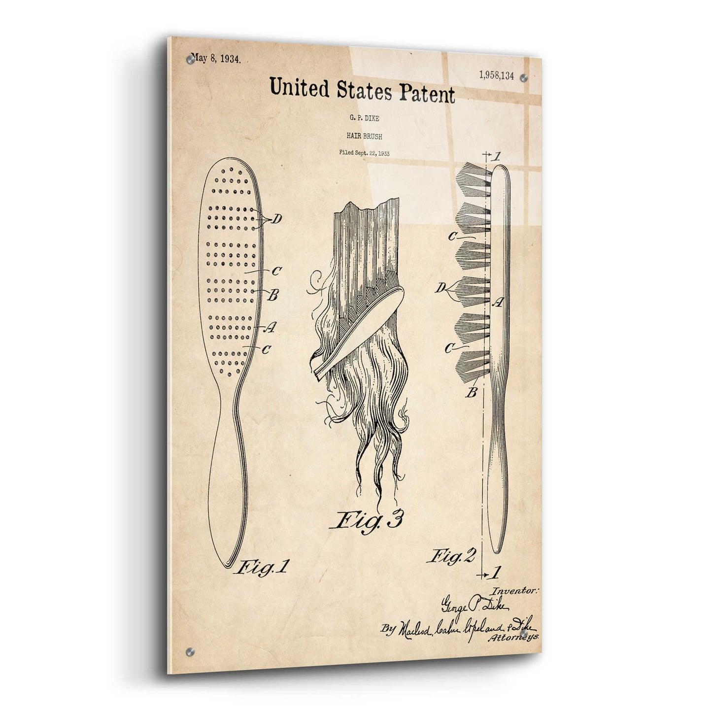 Epic Art 'Hair Brush Blueprint Patent Parchment,' Acrylic Glass Wall Art,24x36