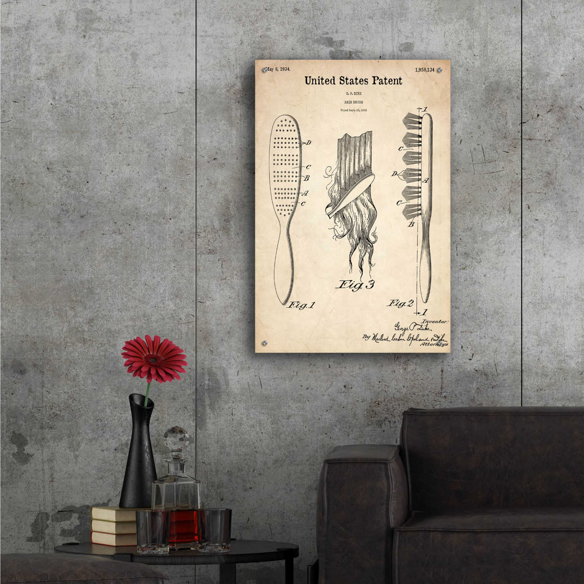 Epic Art 'Hair Brush Blueprint Patent Parchment,' Acrylic Glass Wall Art,24x36