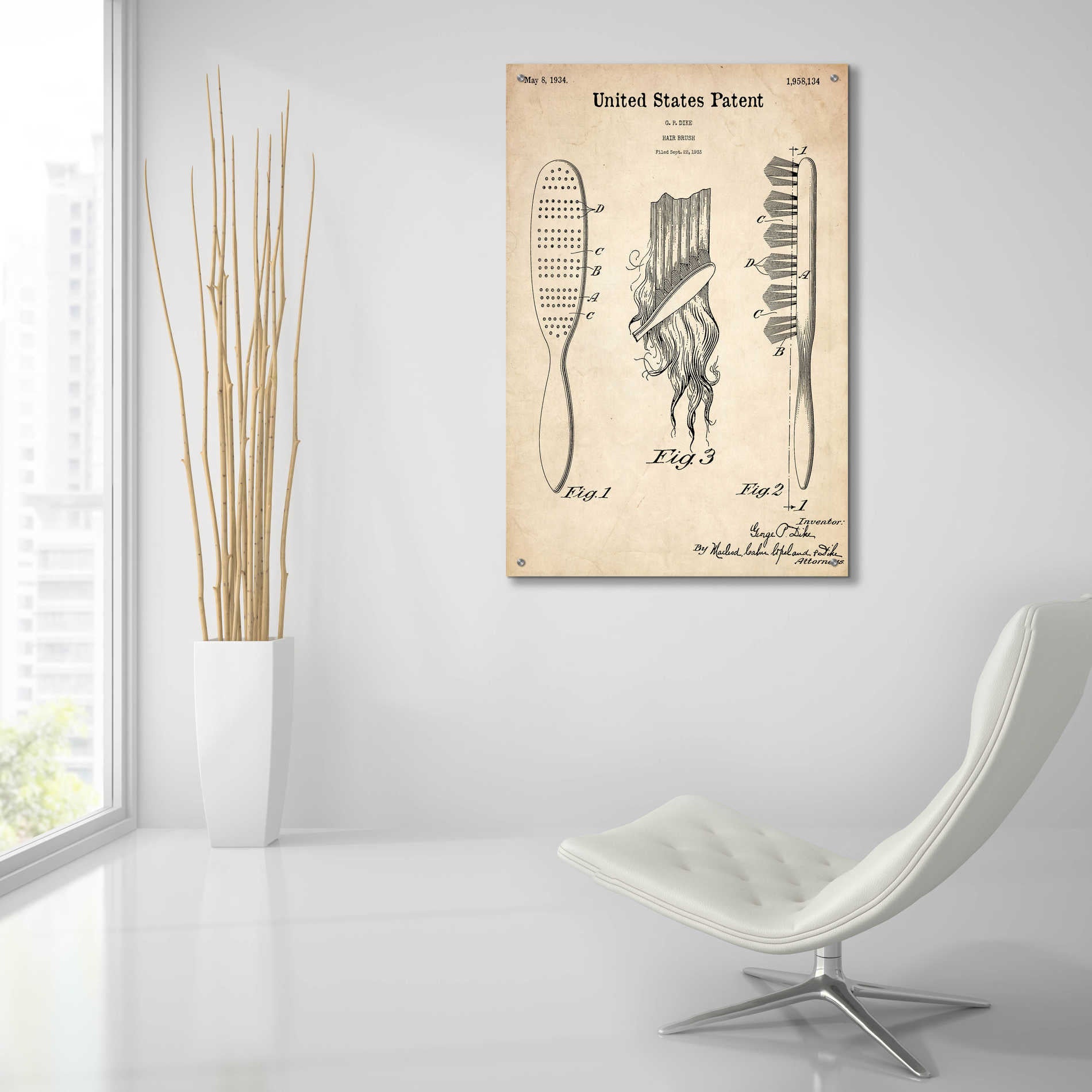 Epic Art 'Hair Brush Blueprint Patent Parchment,' Acrylic Glass Wall Art,24x36