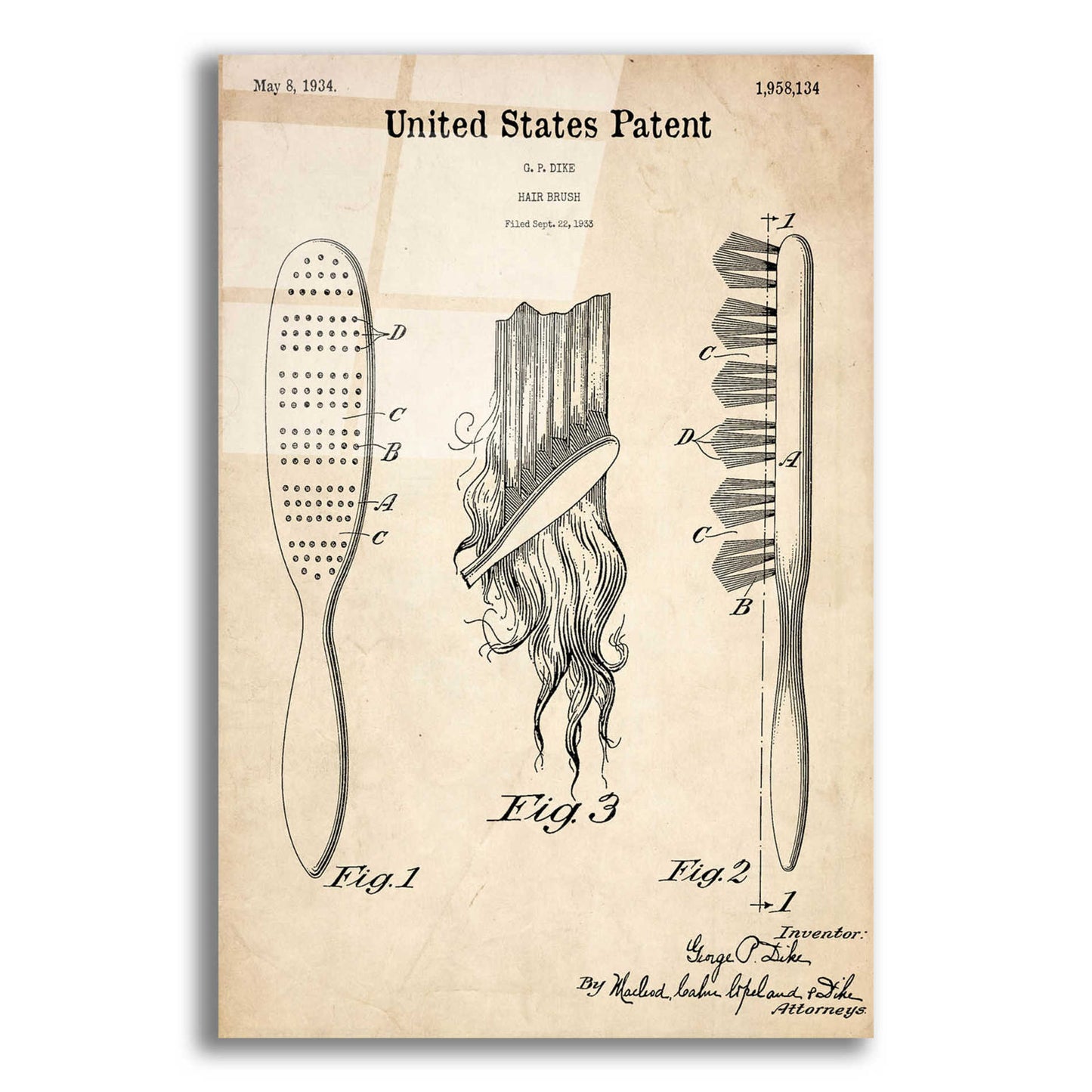 Epic Art 'Hair Brush Blueprint Patent Parchment,' Acrylic Glass Wall Art,12x16x1.1x0,18x26x1.1x0,26x34x1.74x0,40x54x1.74x0