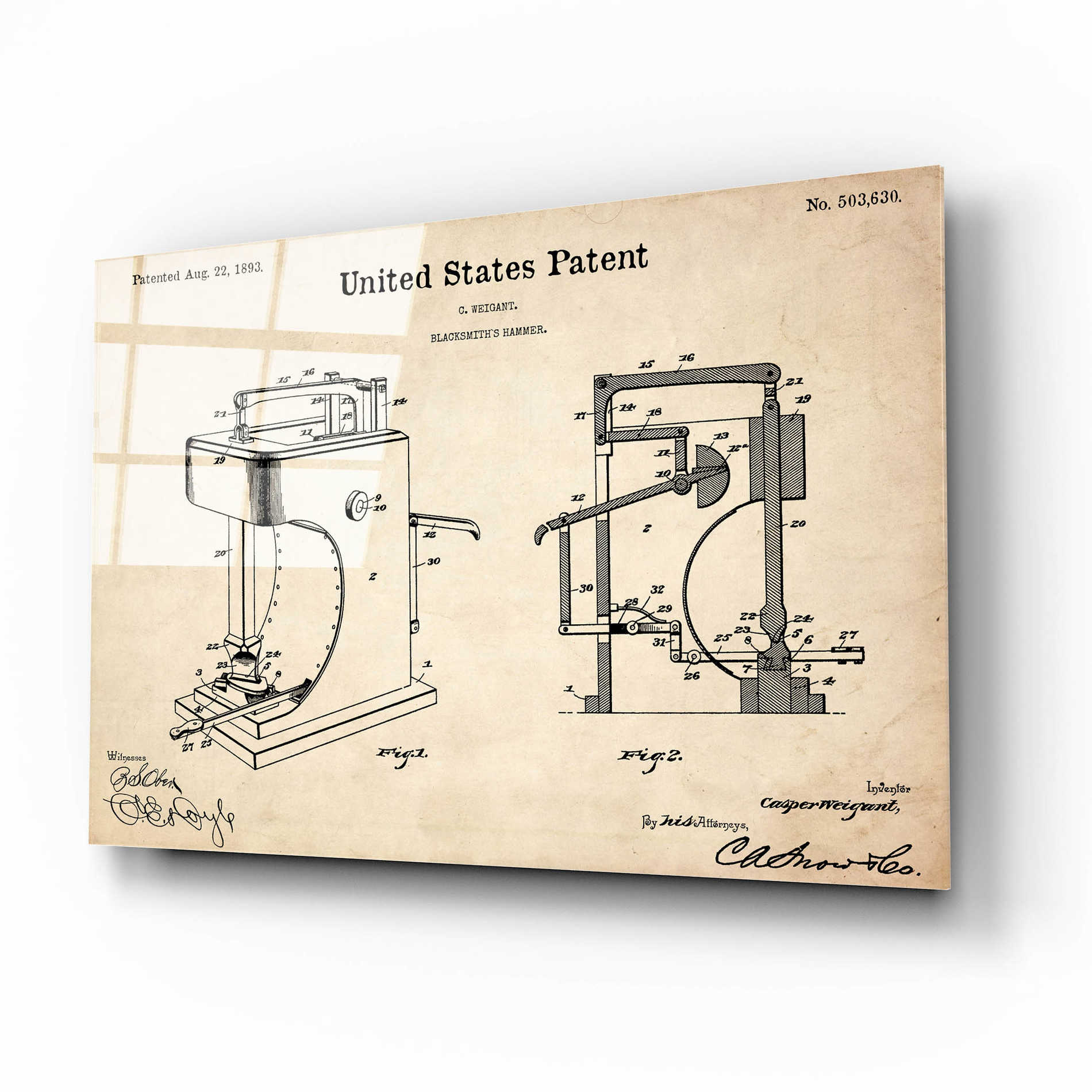 Epic Art 'Blacksmith's Hammer Blueprint Patent Parchment' Acrylic Glass Wall Art,16x12