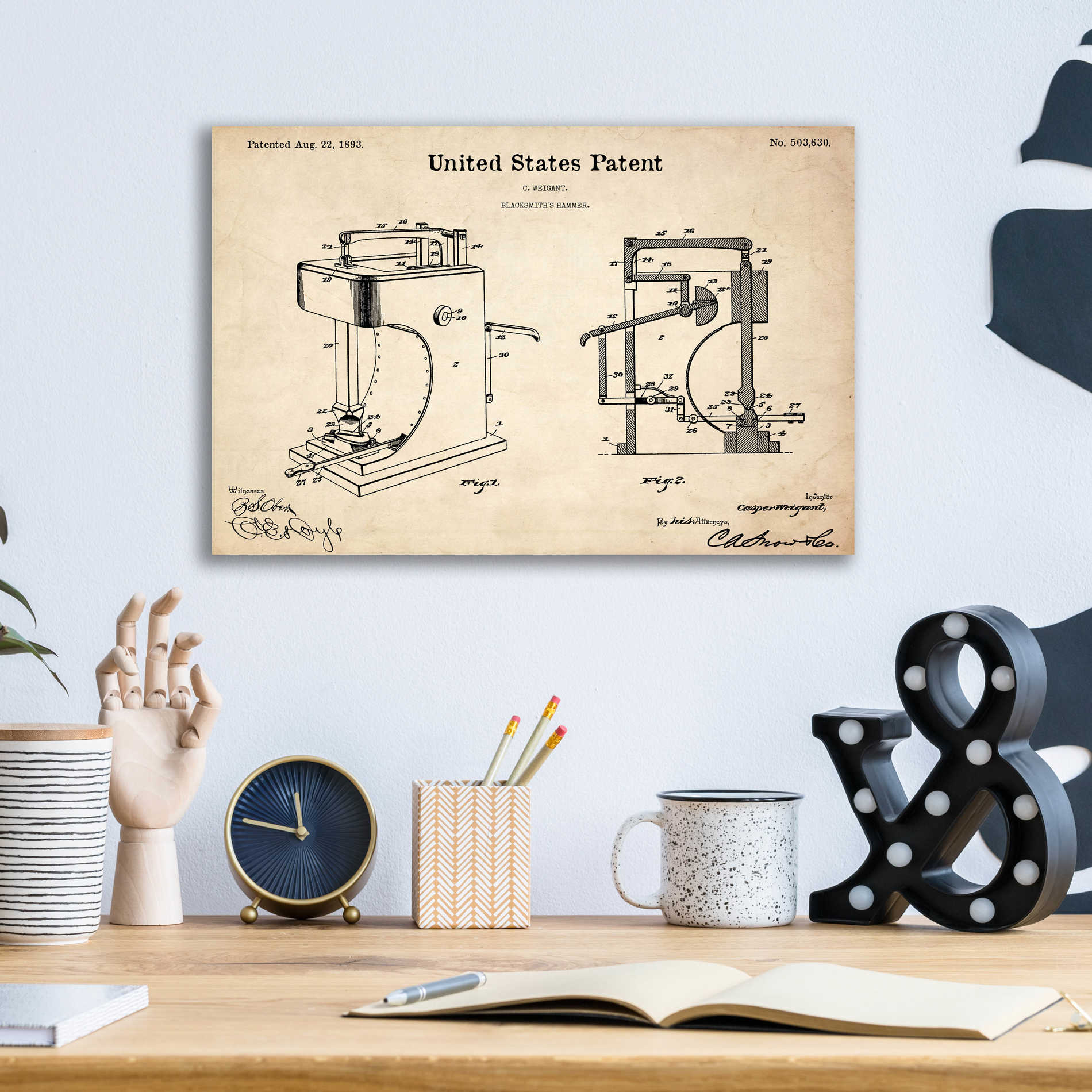 Epic Art 'Blacksmith's Hammer Blueprint Patent Parchment' Acrylic Glass Wall Art,16x12