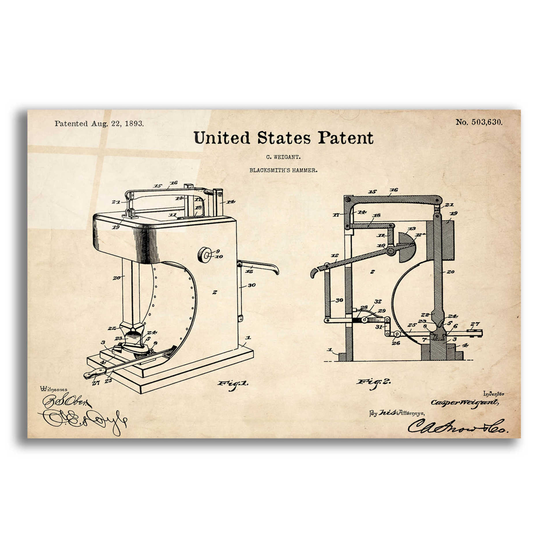 Epic Art 'Blacksmith's Hammer Blueprint Patent Parchment' Acrylic Glass Wall Art,16x12