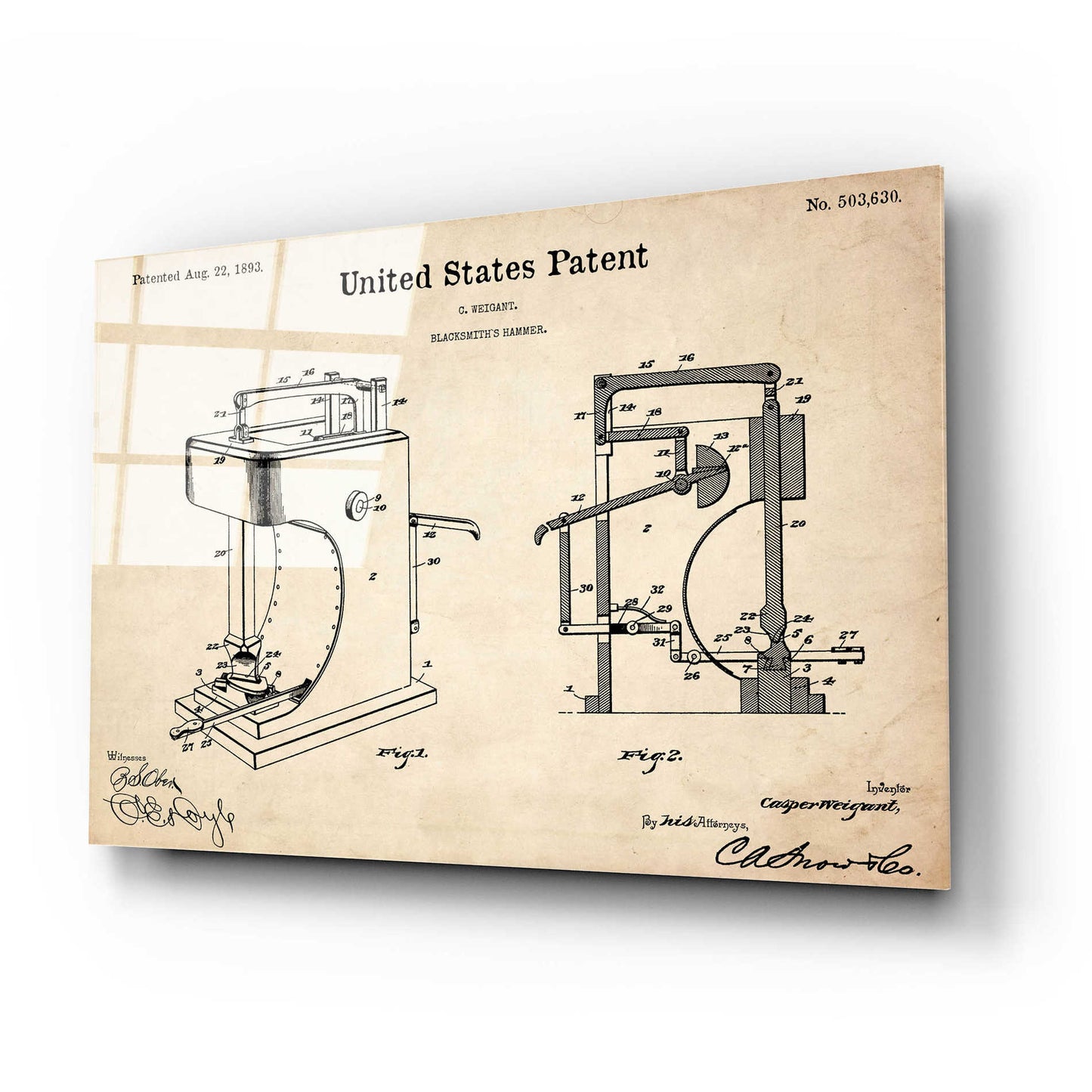 Epic Art 'Blacksmith's Hammer Blueprint Patent Parchment' Acrylic Glass Wall Art,24x16