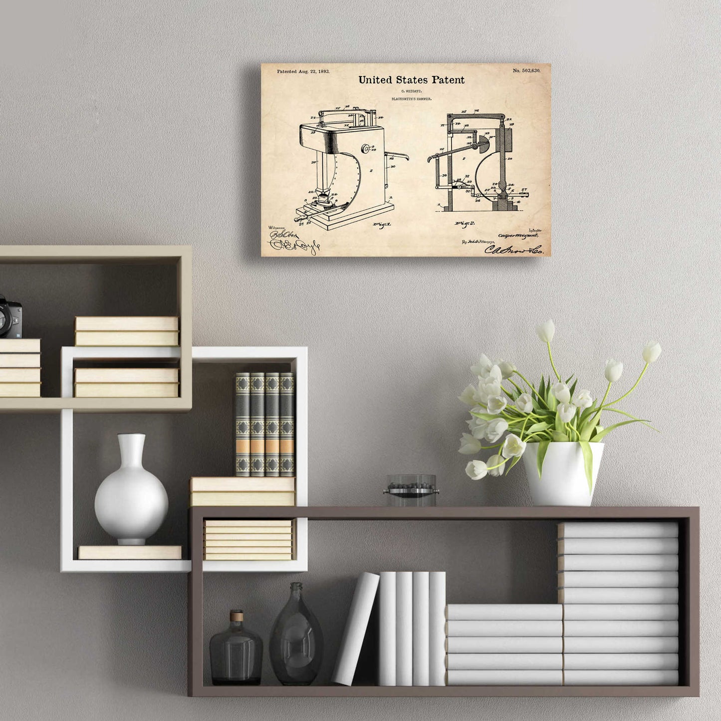 Epic Art 'Blacksmith's Hammer Blueprint Patent Parchment' Acrylic Glass Wall Art,24x16