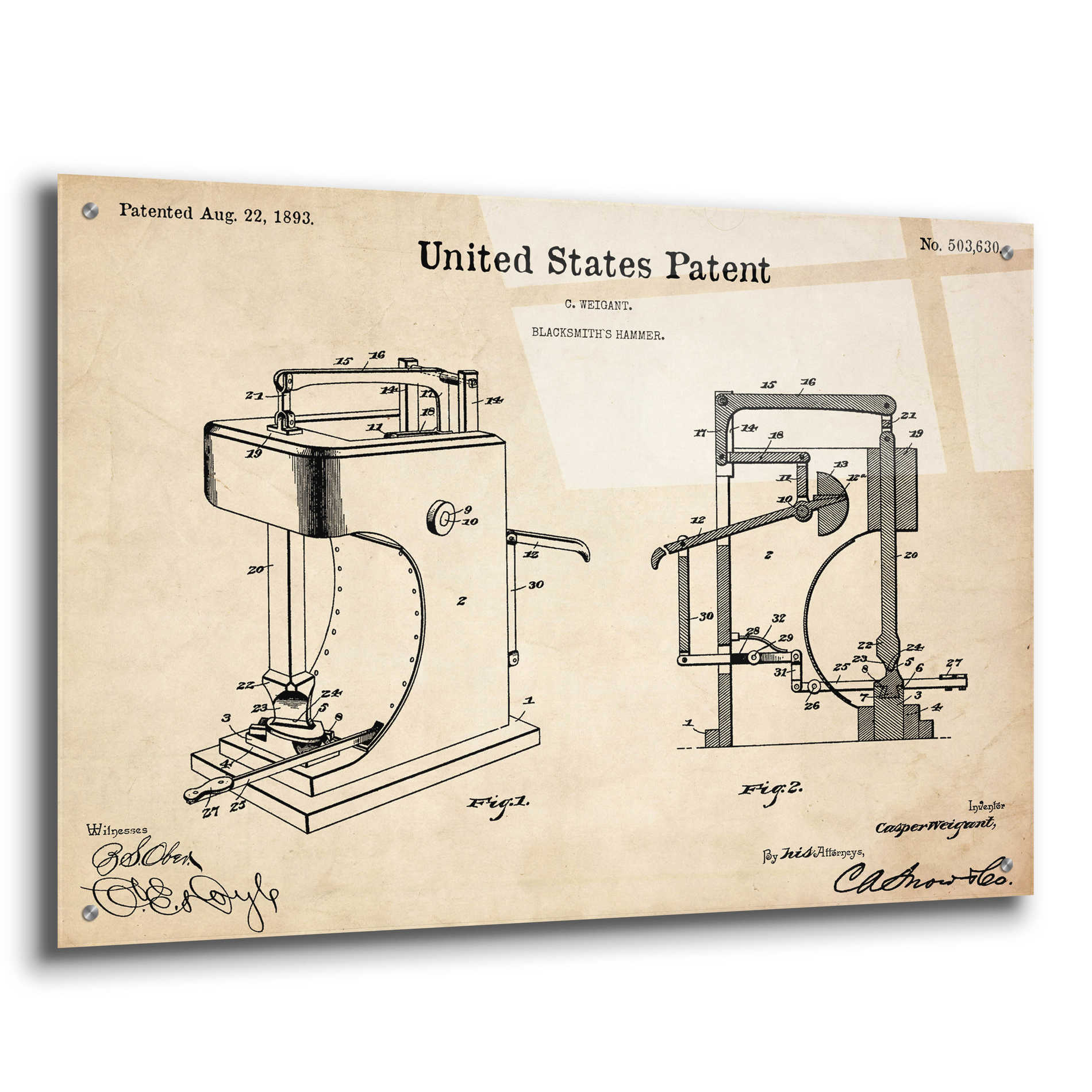 Epic Art 'Blacksmith's Hammer Blueprint Patent Parchment' Acrylic Glass Wall Art,36x24