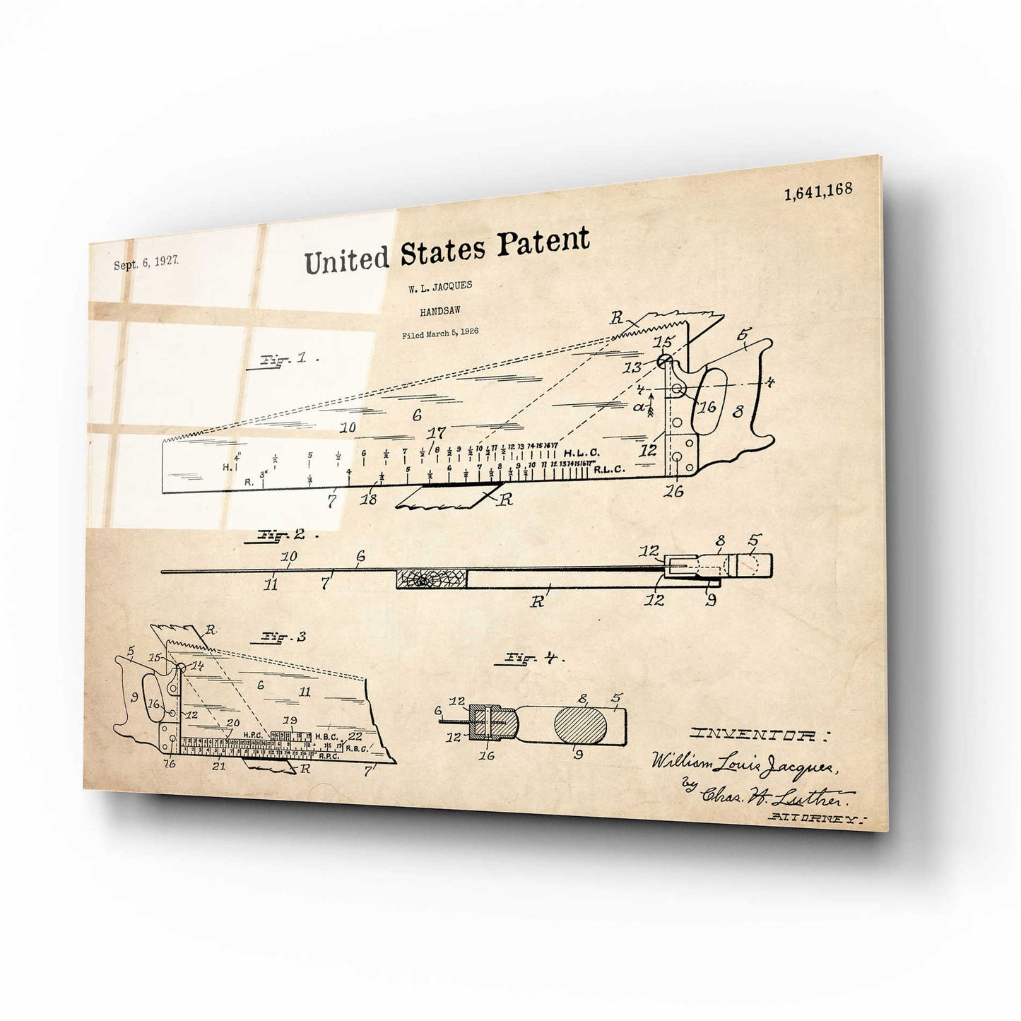 Epic Art 'Handsaw Blueprint Patent Parchment,' Acrylic Glass Wall Art,16x12