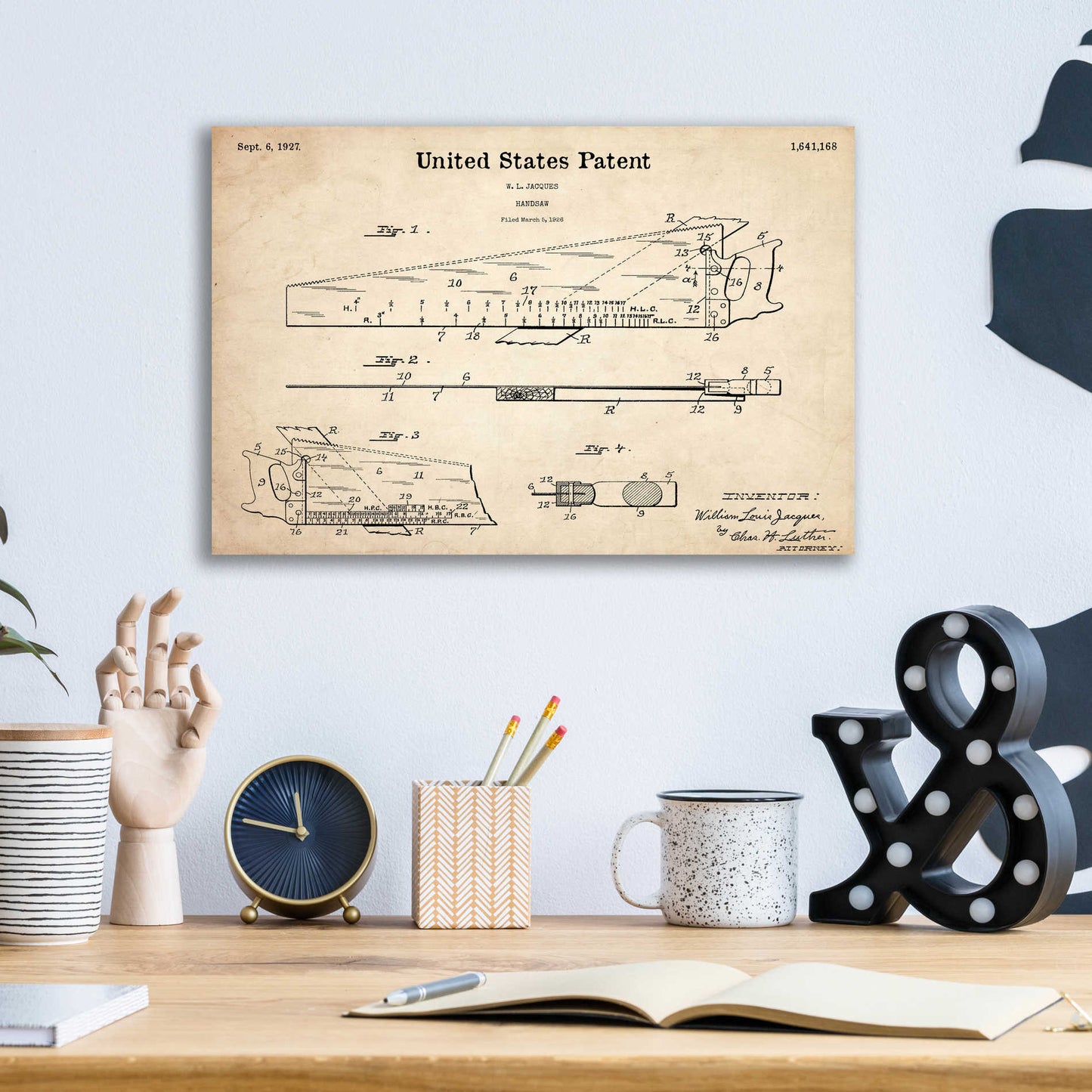 Epic Art 'Handsaw Blueprint Patent Parchment,' Acrylic Glass Wall Art,16x12