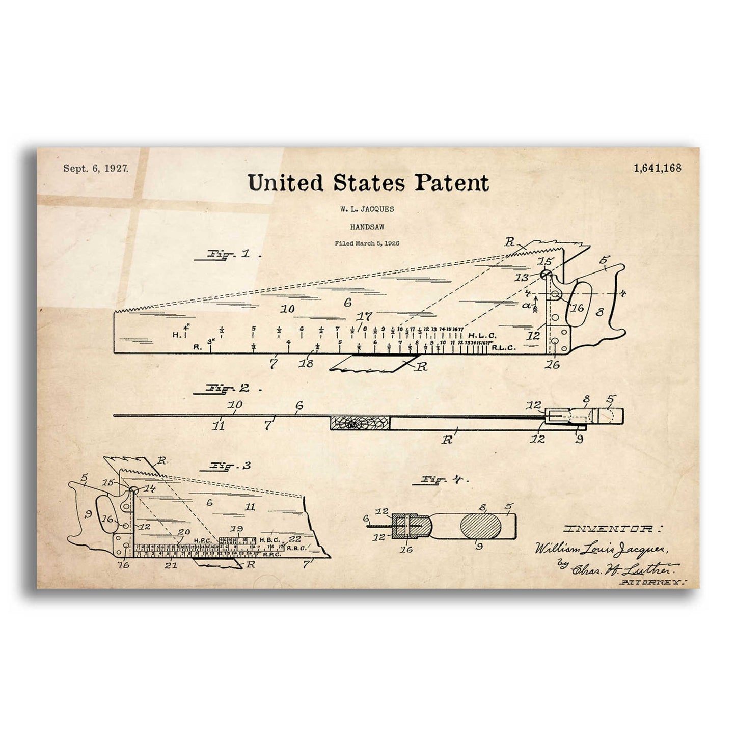 Epic Art 'Handsaw Blueprint Patent Parchment,' Acrylic Glass Wall Art,16x12