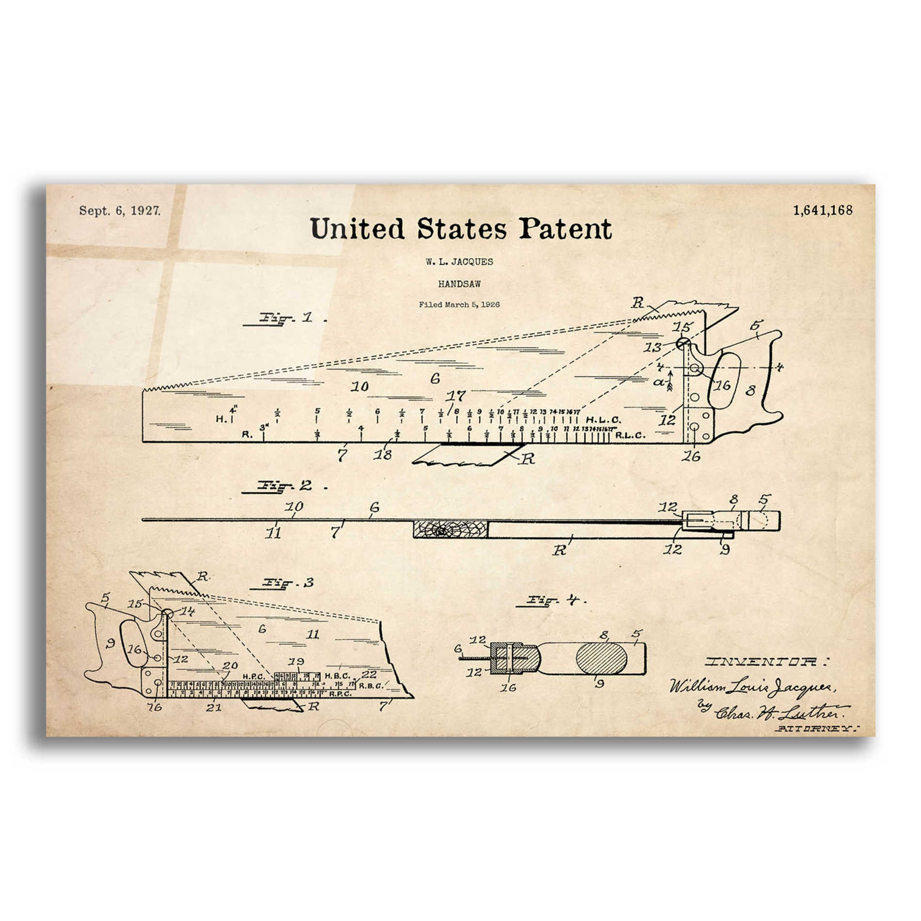 Epic Art 'Handsaw Blueprint Patent Parchment,' Acrylic Glass Wall Art,16x12