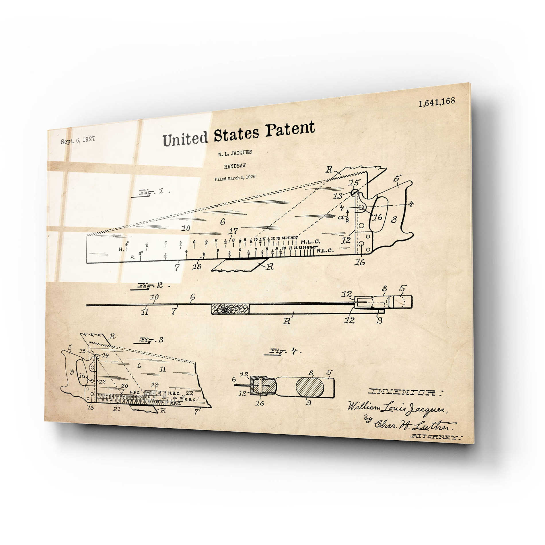 Epic Art 'Handsaw Blueprint Patent Parchment,' Acrylic Glass Wall Art,24x16