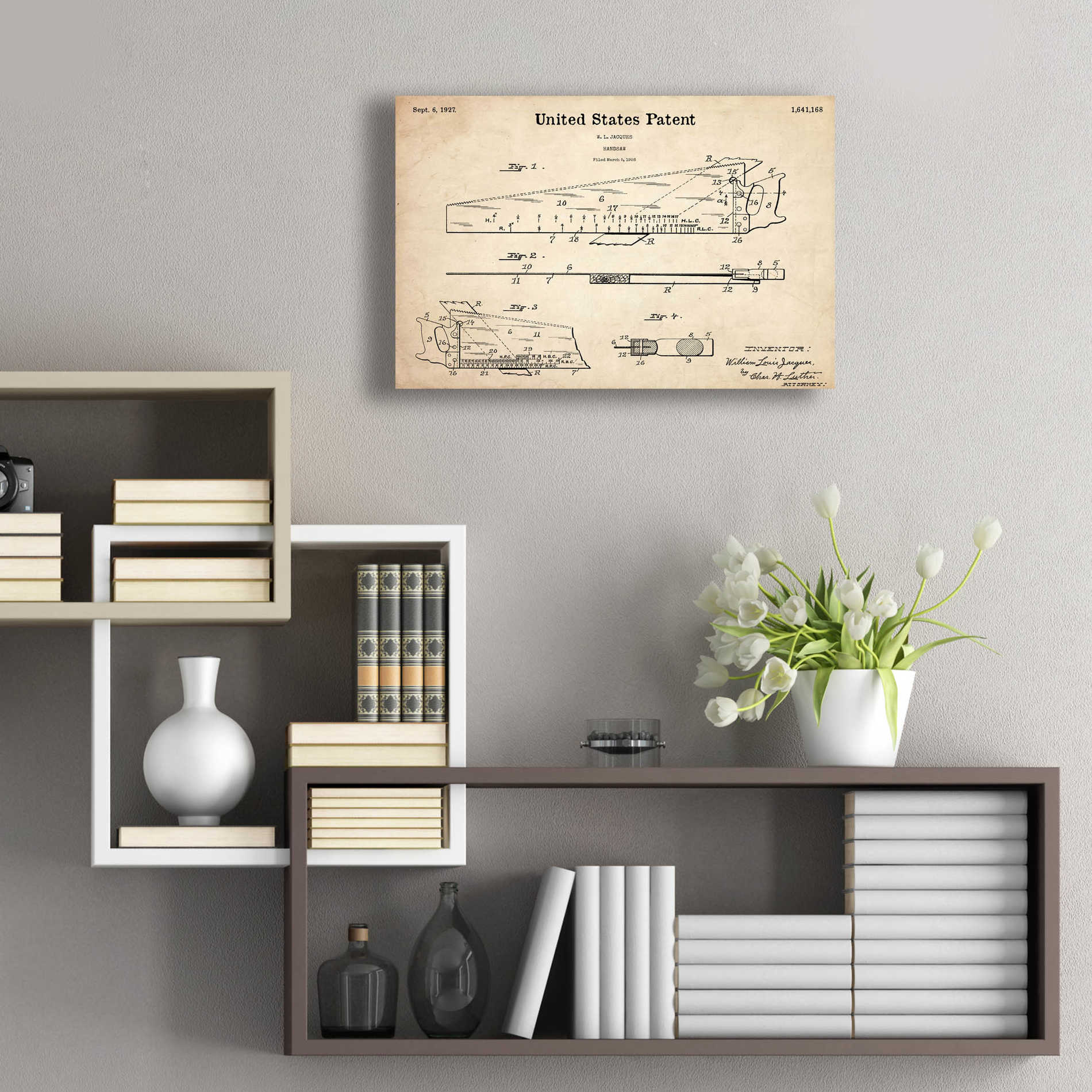 Epic Art 'Handsaw Blueprint Patent Parchment,' Acrylic Glass Wall Art,24x16