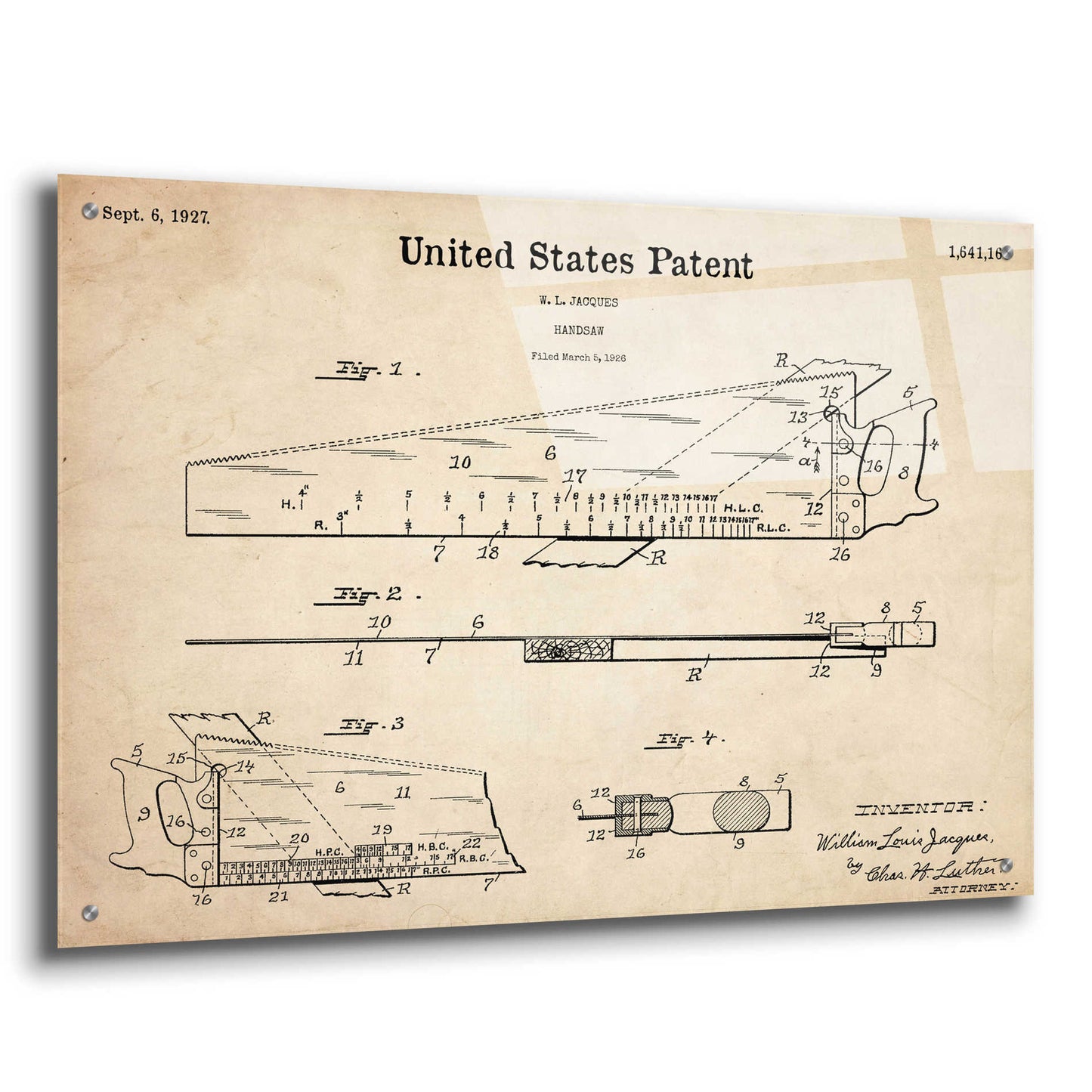 Epic Art 'Handsaw Blueprint Patent Parchment,' Acrylic Glass Wall Art,36x24