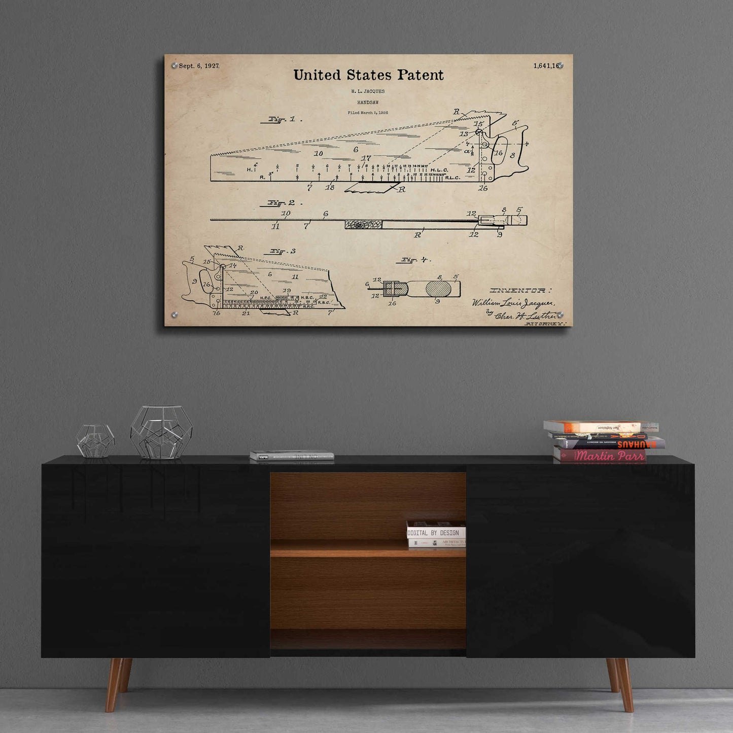 Epic Art 'Handsaw Blueprint Patent Parchment,' Acrylic Glass Wall Art,36x24