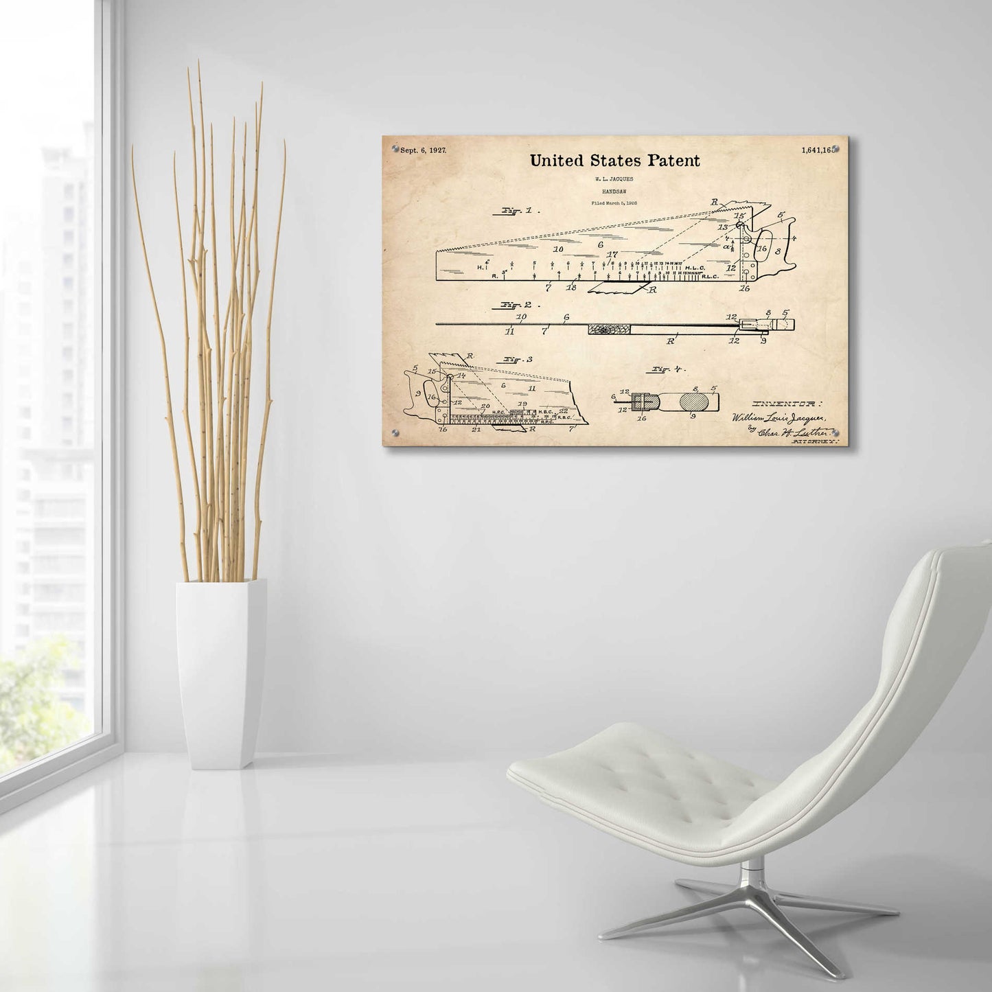 Epic Art 'Handsaw Blueprint Patent Parchment,' Acrylic Glass Wall Art,36x24