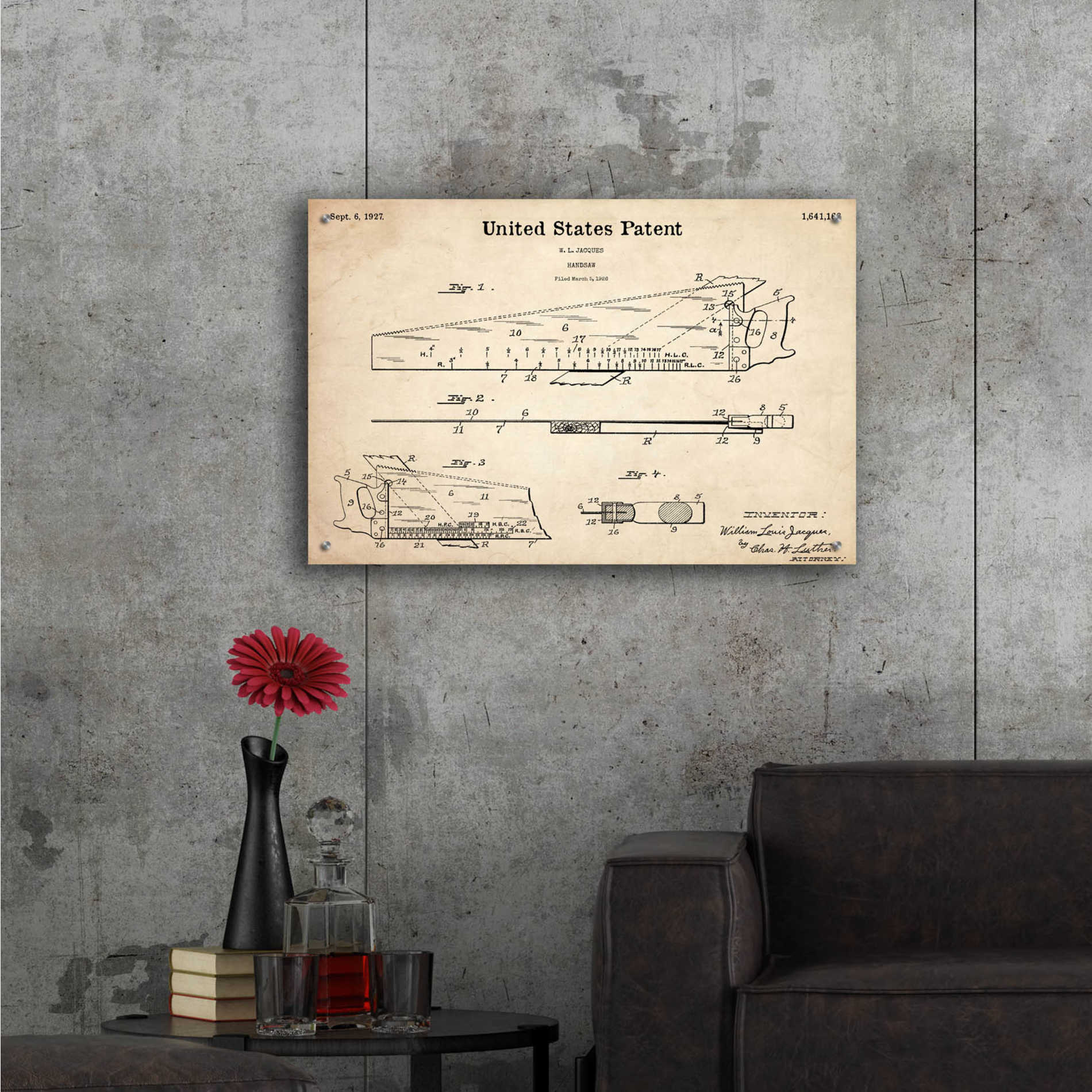 Epic Art 'Handsaw Blueprint Patent Parchment,' Acrylic Glass Wall Art,36x24