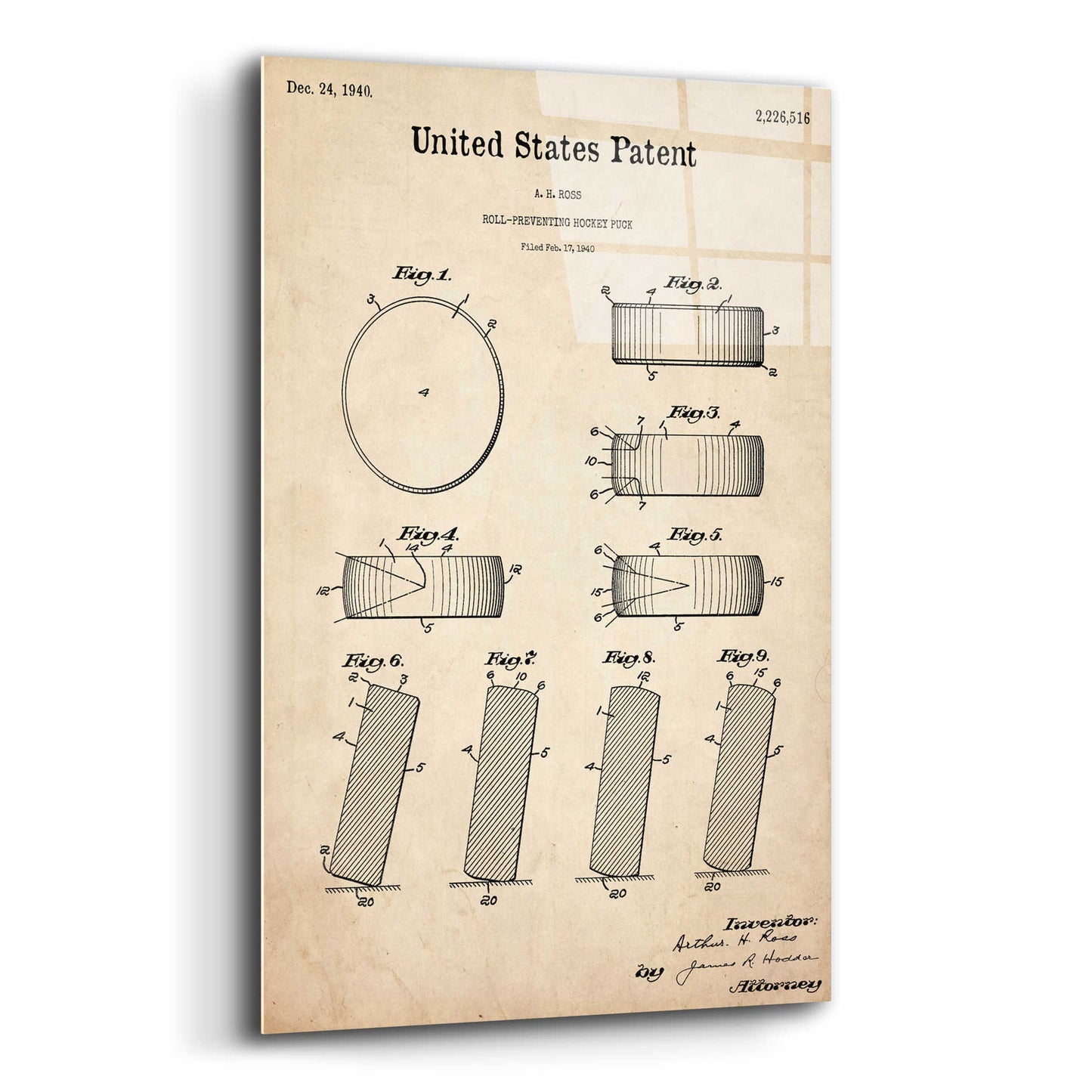 Epic Art 'Hockey Puck Blueprint Patent Parchment,' Acrylic Glass Wall Art,12x16