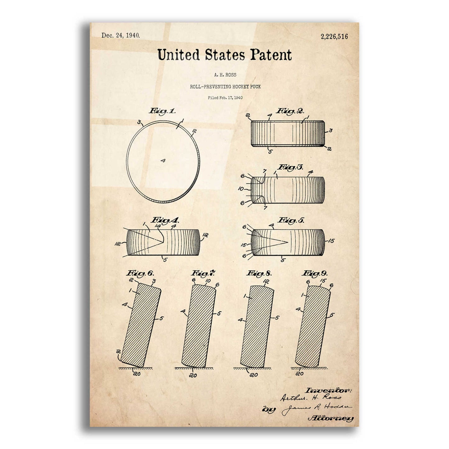 Epic Art 'Hockey Puck Blueprint Patent Parchment,' Acrylic Glass Wall Art,12x16